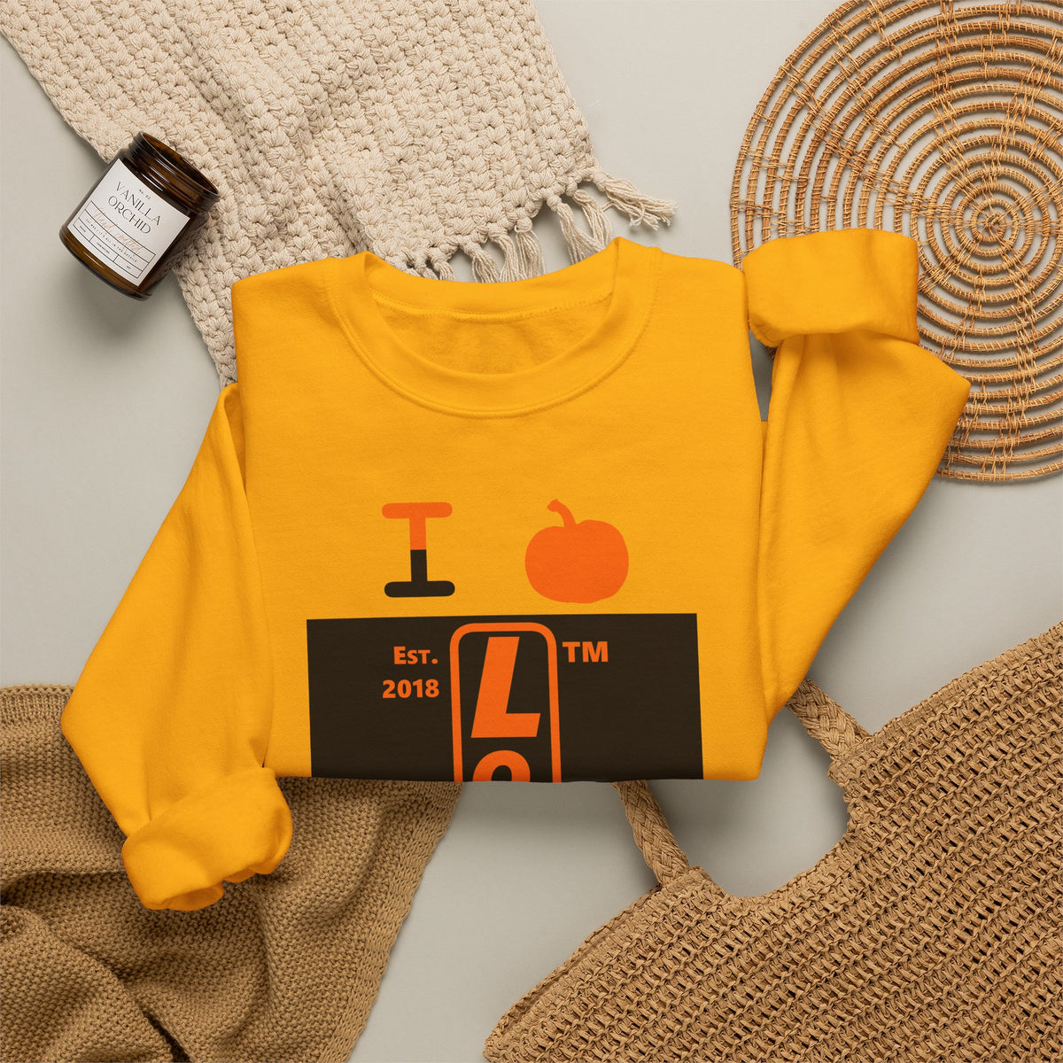 I pumpkin LongD Hyde Park upright logo positive orange on negative black crewneck sweatshirt