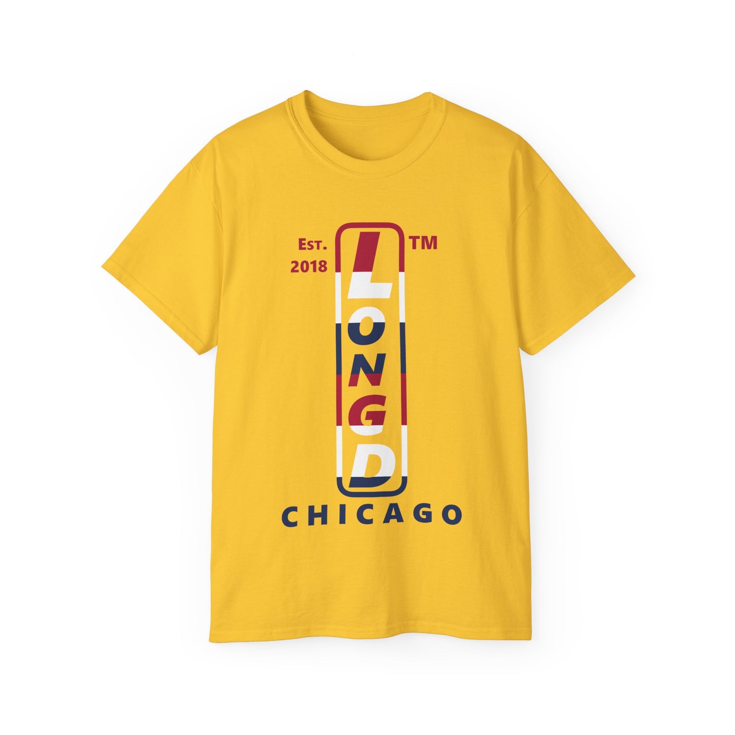 LongD cotton tee positive horizontal 6-striped Chicago upright logo (Patriotic colors)