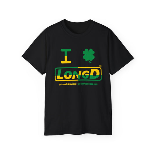 I Clover LongD® Logo Cotton Tee (St. Patrick's Day -Irish Green and Golden Yellow quarter split with 4-leaf clover)