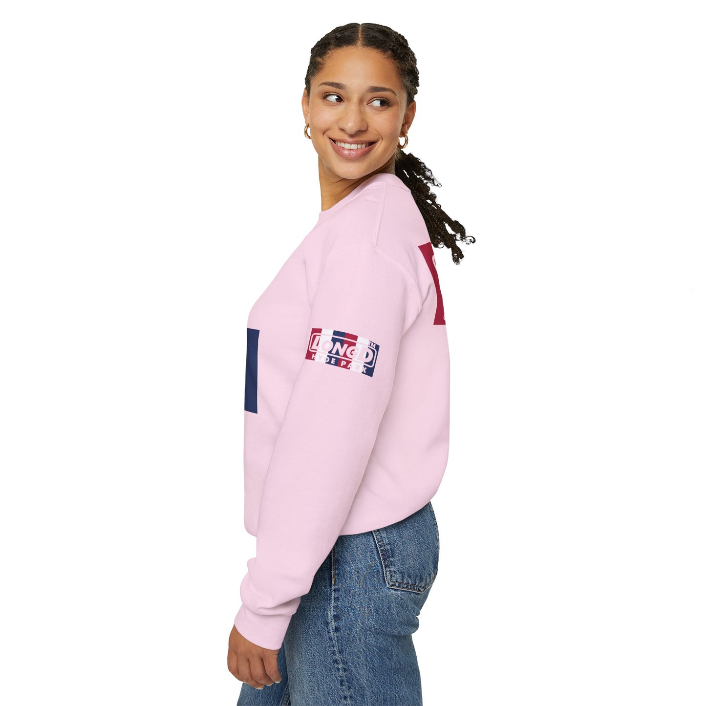 I firecracker LongD positive vertical 6-striped 4-print tag logo crewneck sweatshirt