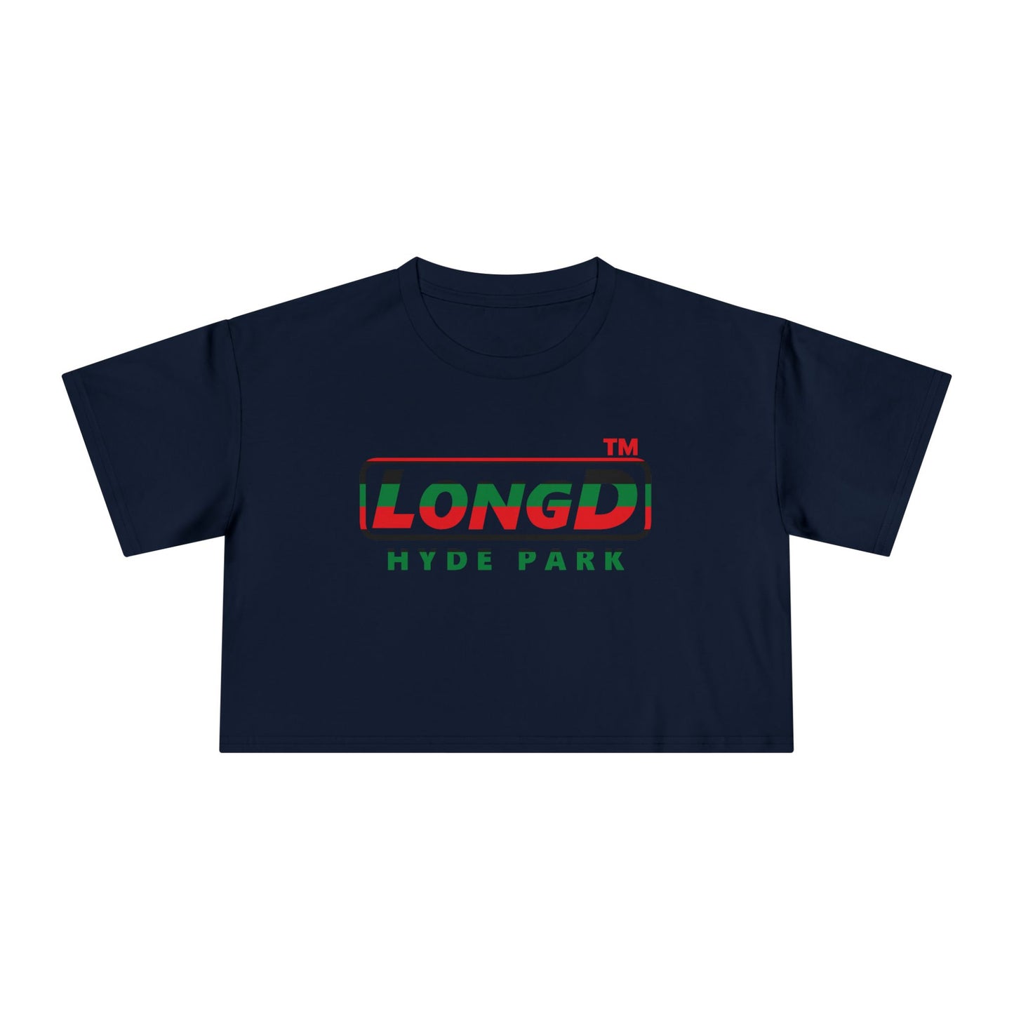LongD positive horizontal 6-striped Hyde Park logo crop tee (Juneteenth colors)