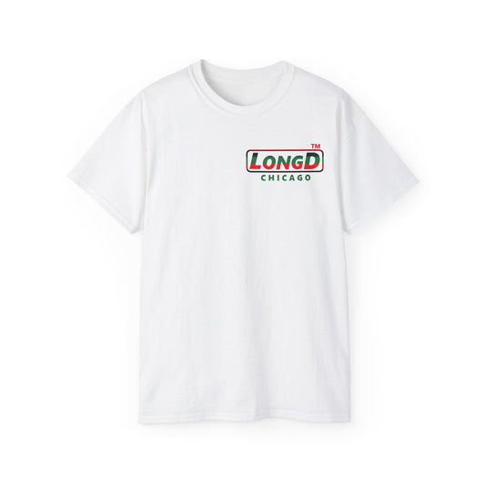 LongD positive horizontal 6-striped Chicago logo single-breasted front-back cotton tee (Juneteenth colors)