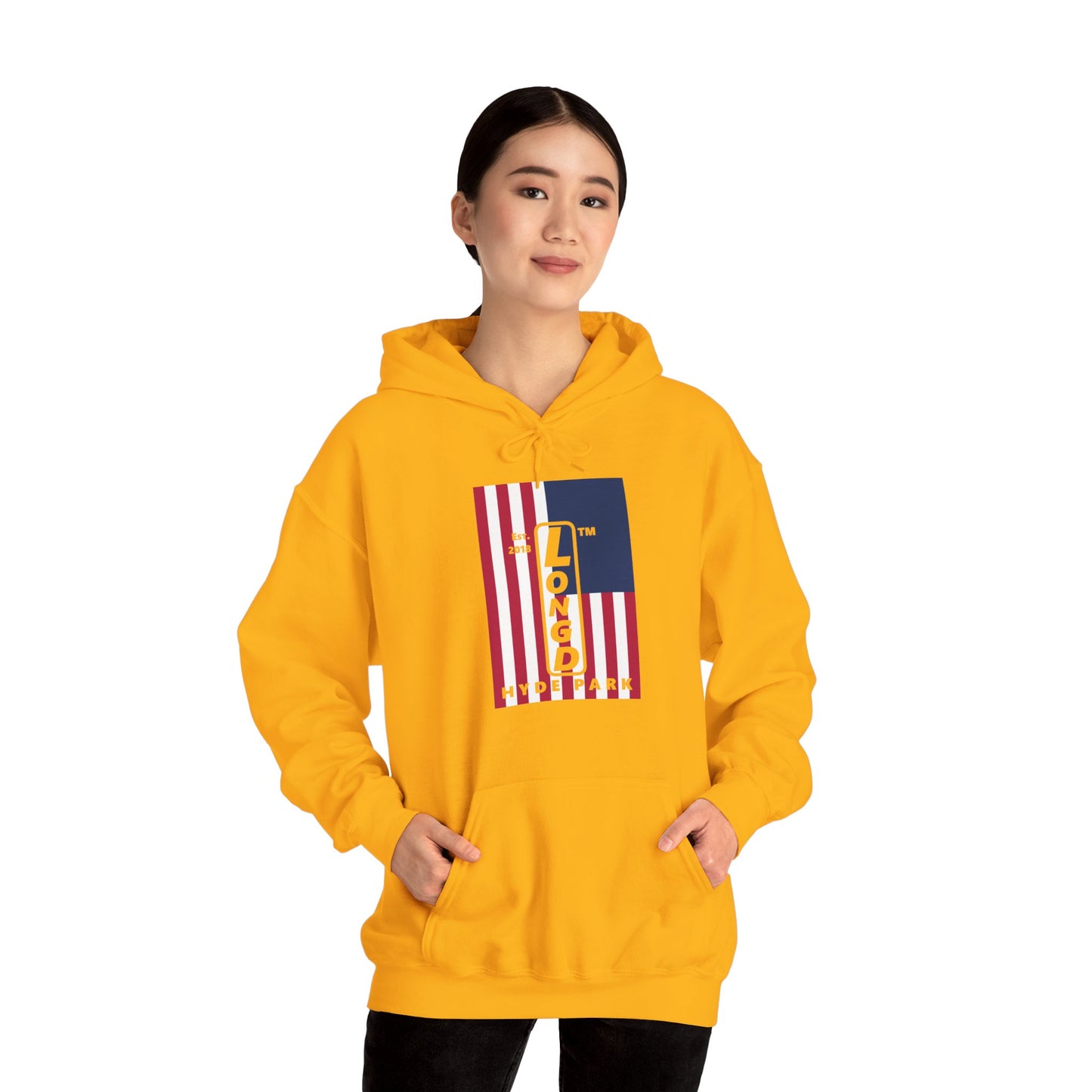 LongD® negative cropped flag upright Hyde Park logo hoodie (Patriotic colors)
