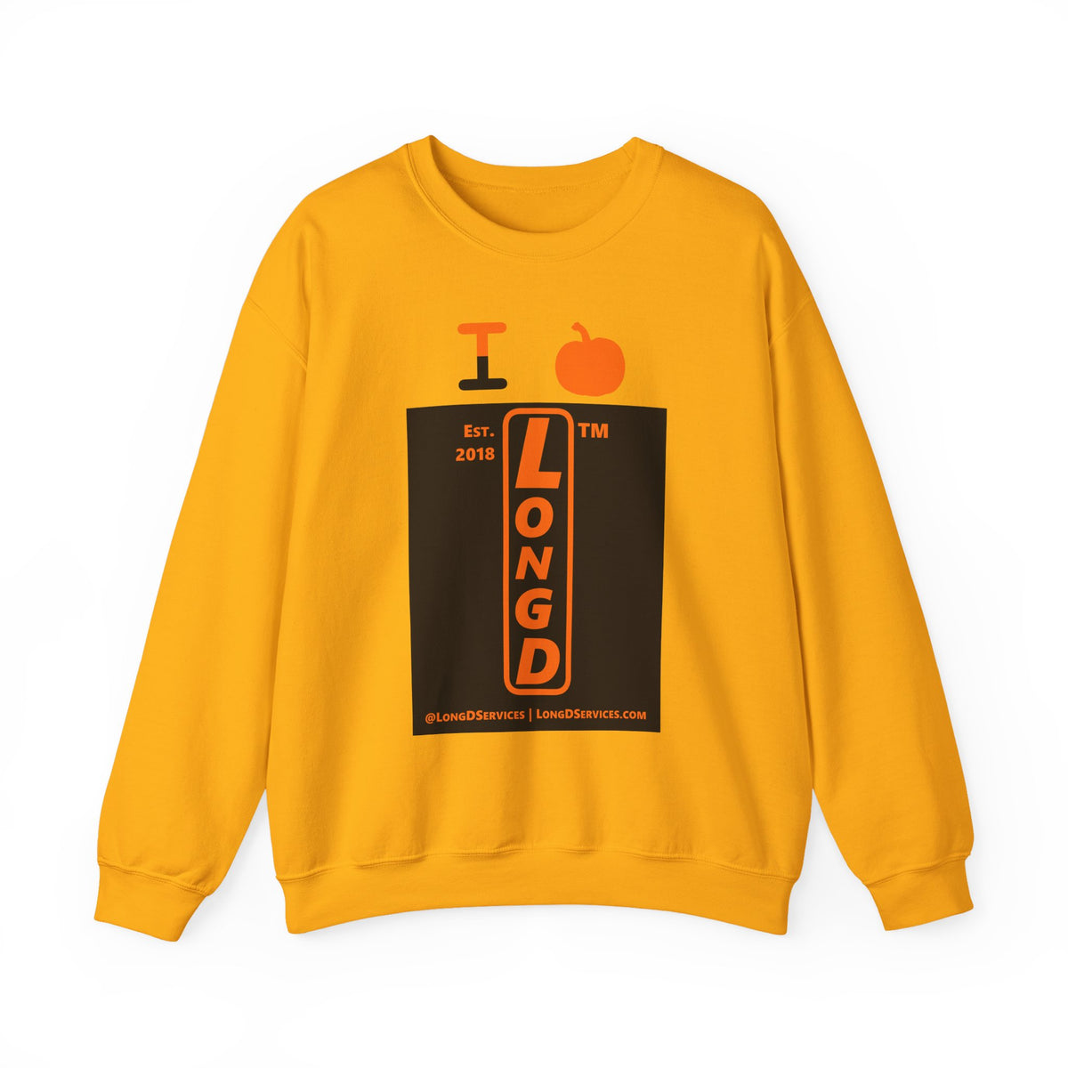 I pumpkin LongD Tag-domain upright logo positive orange on negative black crewneck sweatshirt