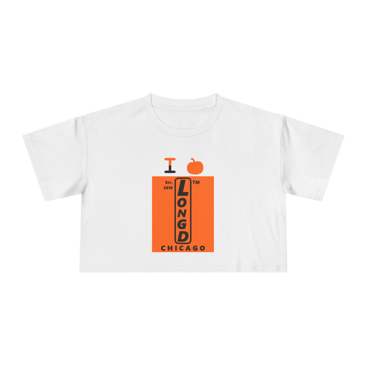 I pumpkin LongD Chicago upright logo positive black on negative orange crop tee