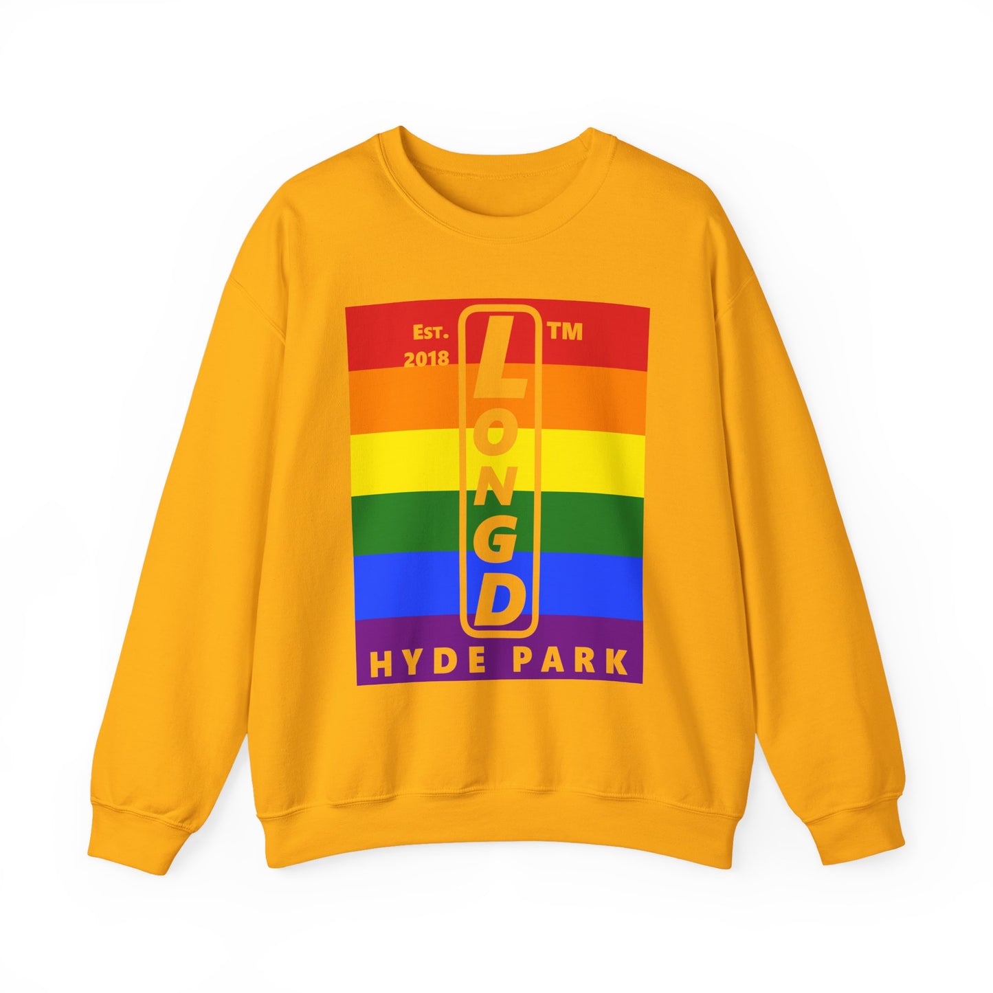LongD negative horizontal 6-striped Hyde Park upright logo crewneck sweatshirt (Pride colors)