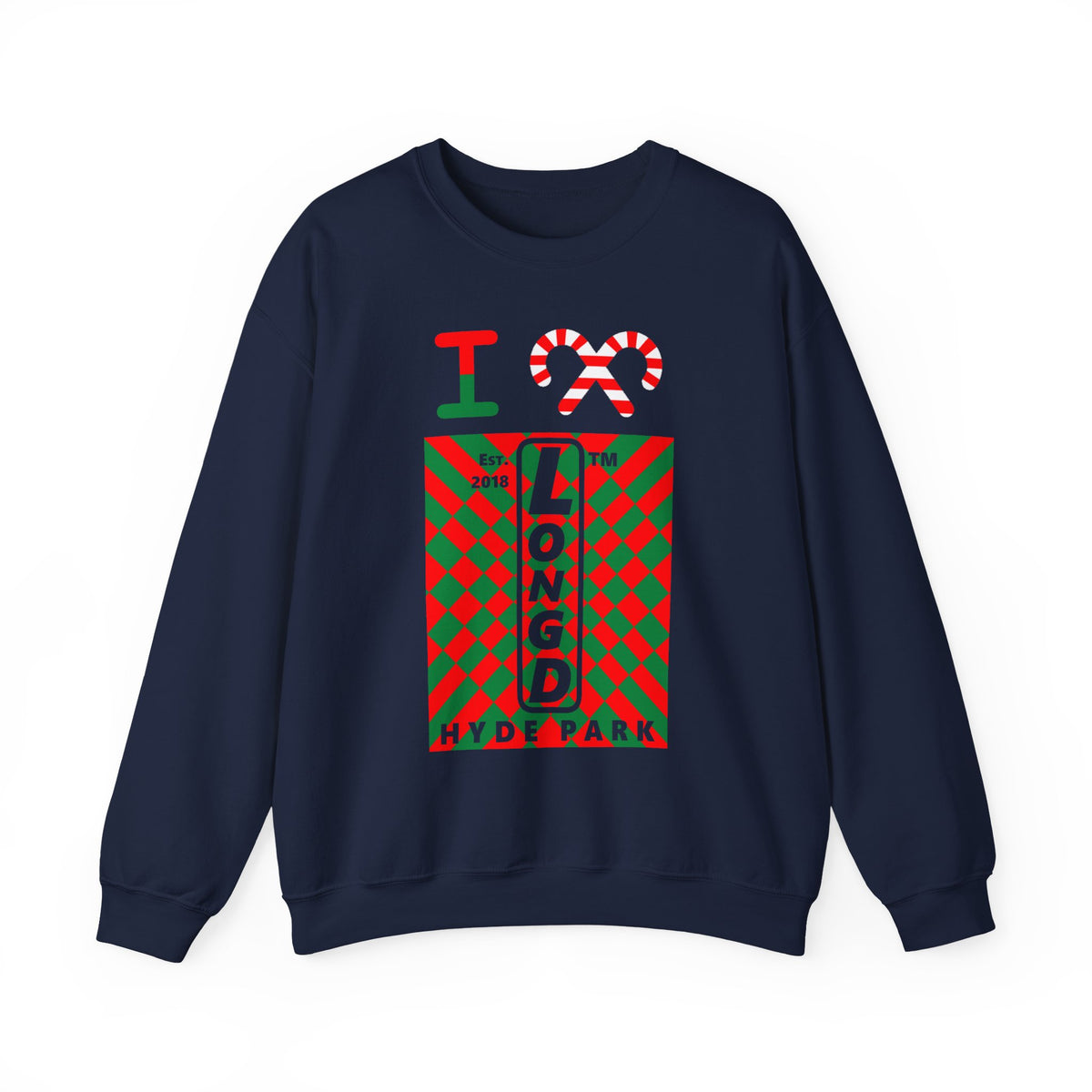 I candy cane LongD Hyde Park negative upright stylized argyle logo crewneck sweatshirt