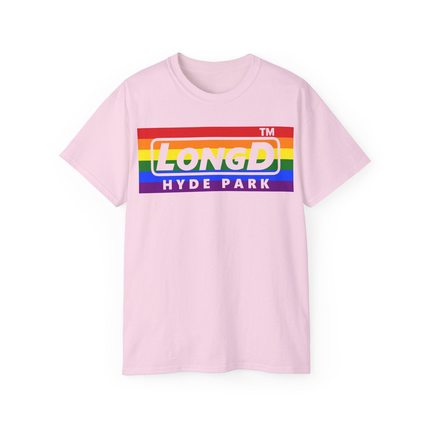 LongD negative horizontal striped Hyde Park logo cotton tee (Pride colors)