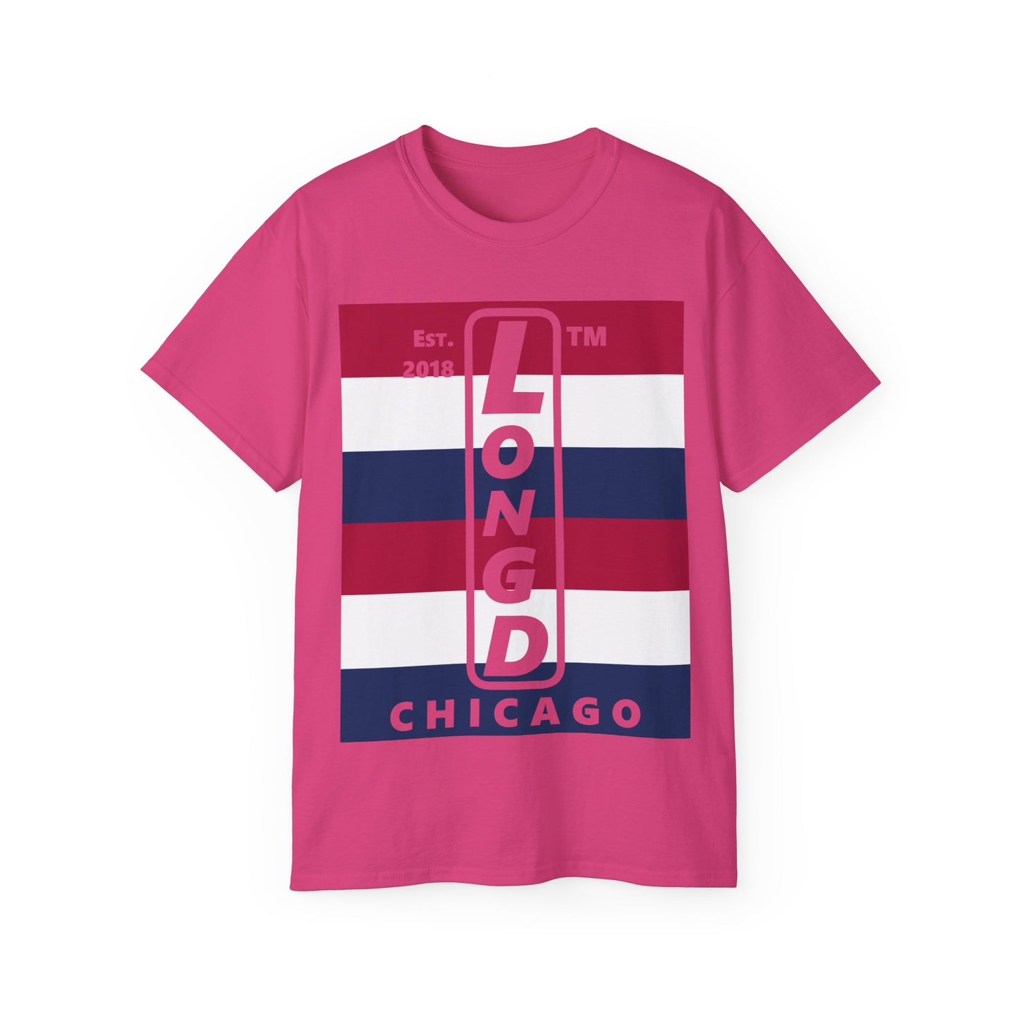 LongD cotton tee negative horizontal 6-striped Chicago upright logo (Patriotic colors)