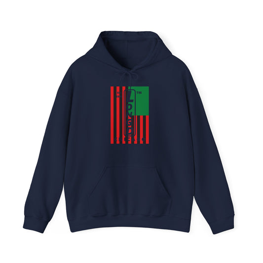 LongD® negative cropped flag upright Chicago logo hoodie (Juneteenth colors)