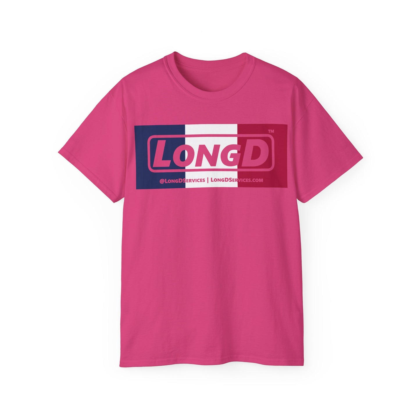 LongD® Logo Cotton Tee Blue, White and Red negative thirds text