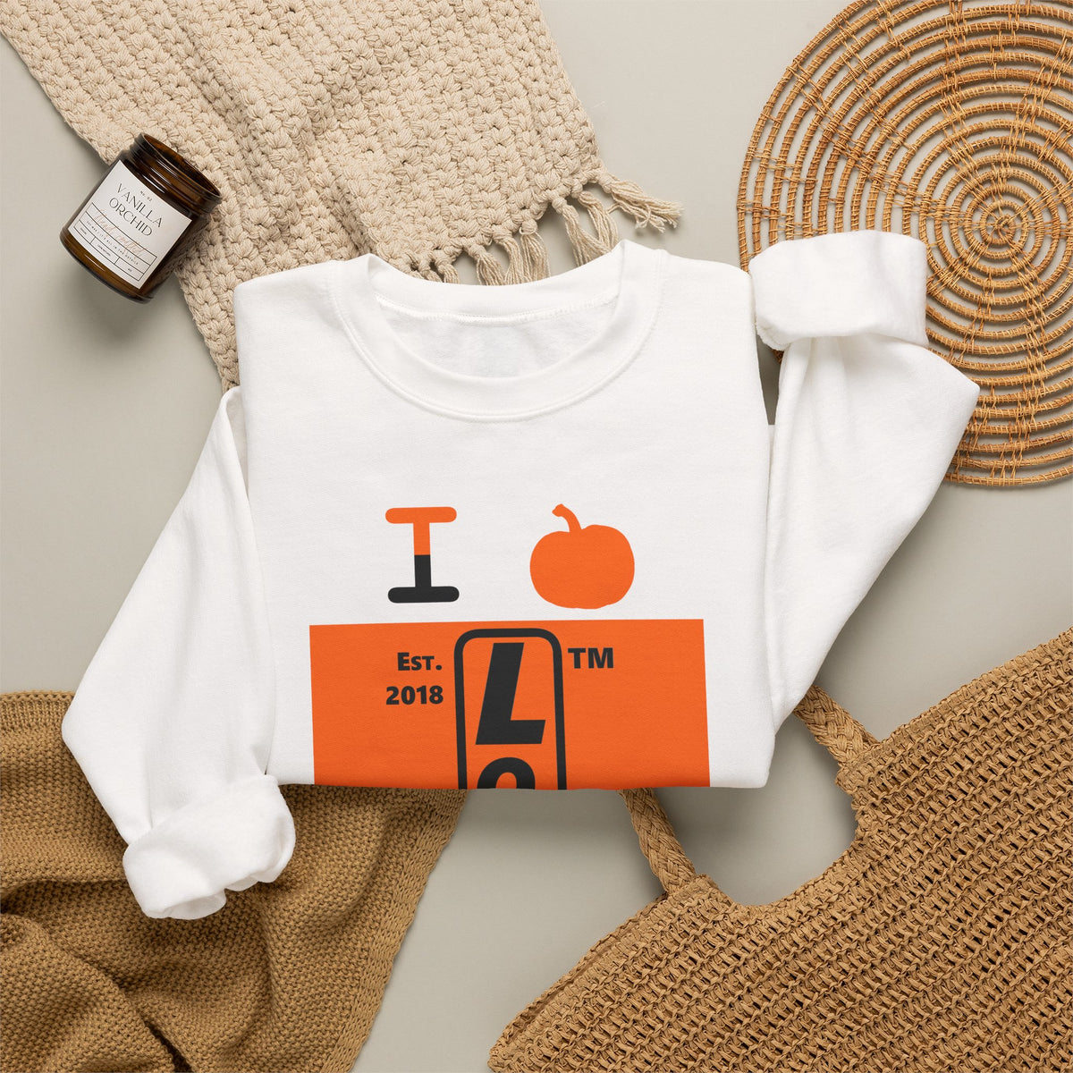 I pumpkin LongD Tag-domain upright logo positive black on negative orange crewneck sweatshirt
