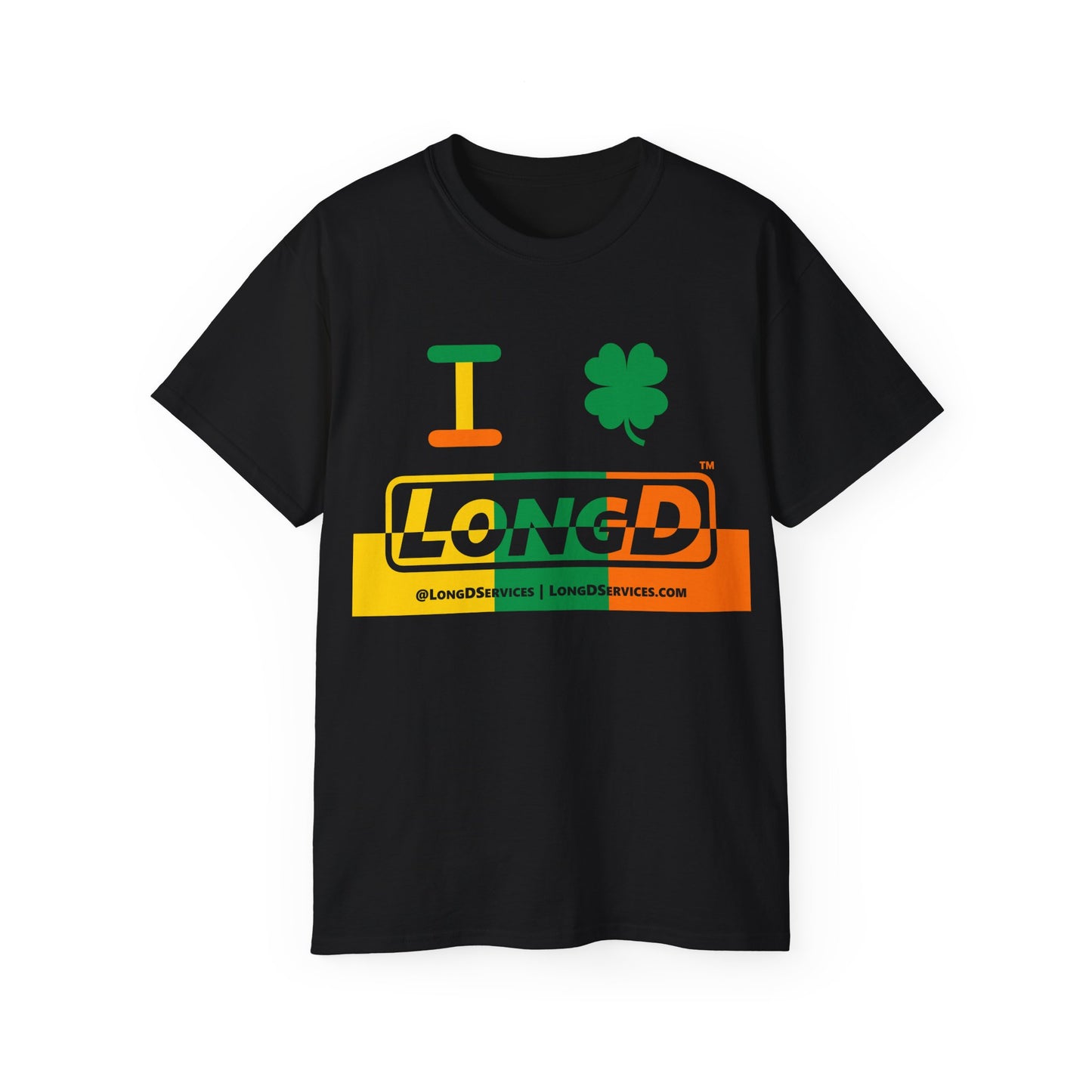 I Clover LongD® Logo Cotton Tee (St. Patrick's Day -Irish Green, Golden Yellow and Irish Orange thirds top-bottom positive-negative split with 4-leaf clover)