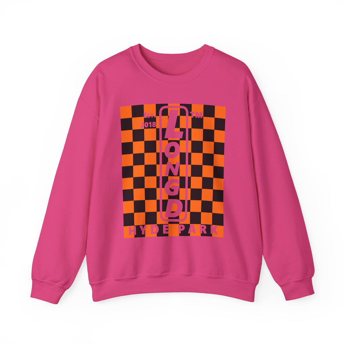 LongD Hyde Park negative upright checkered logo (Halloween colors) crewneck sweatshirt