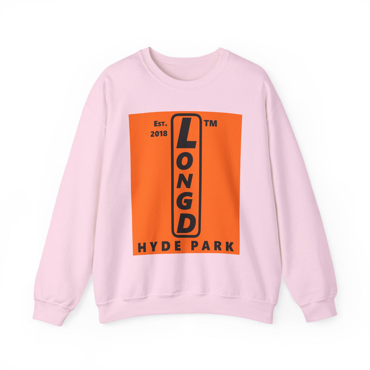 LongD Hyde Park upright logo Black (000000) on orange (FE7518) (Halloween colors) crewneck sweatshirt