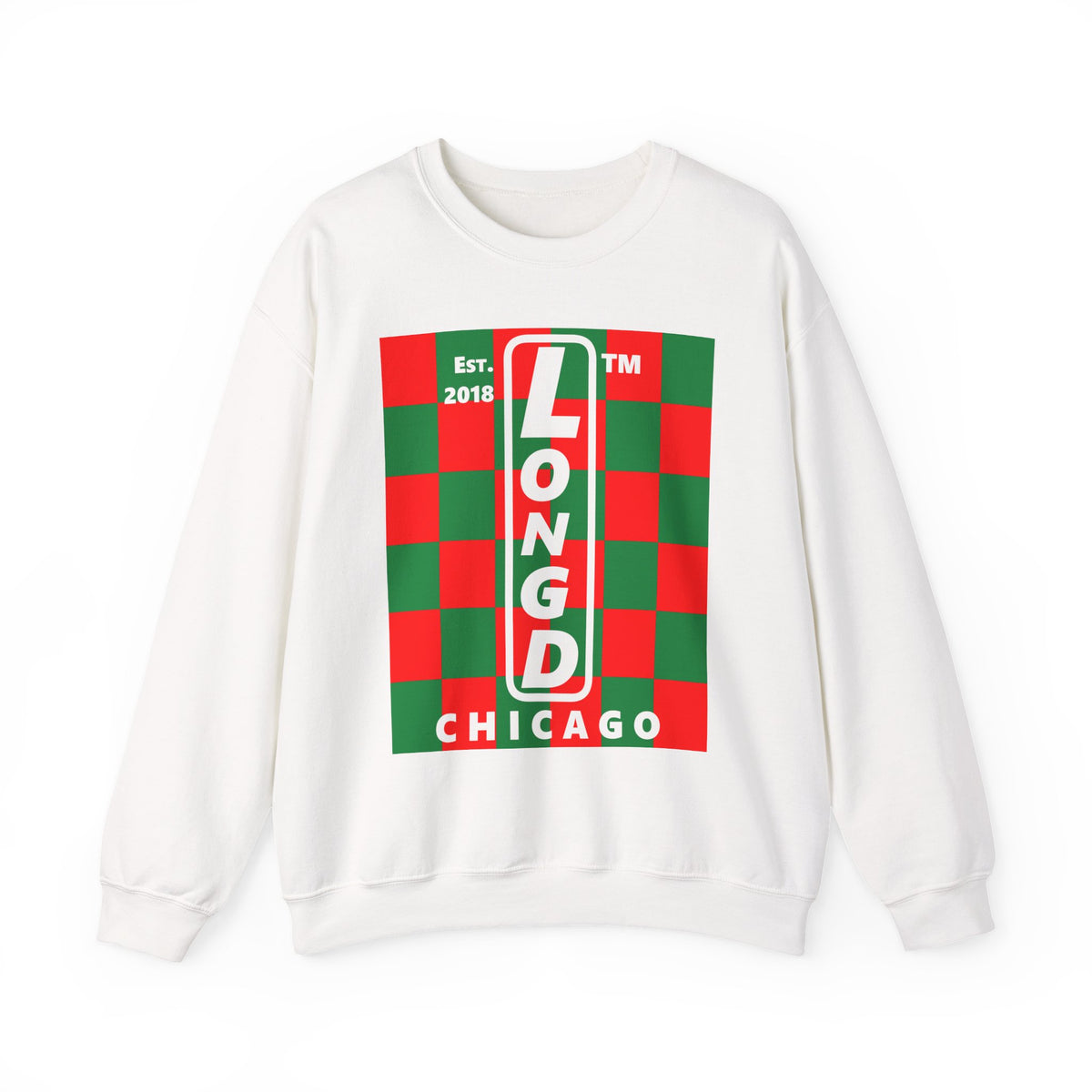 LongD Chicago negative upright checkered front-back logo (Xmas colors) crewneck sweatshirt