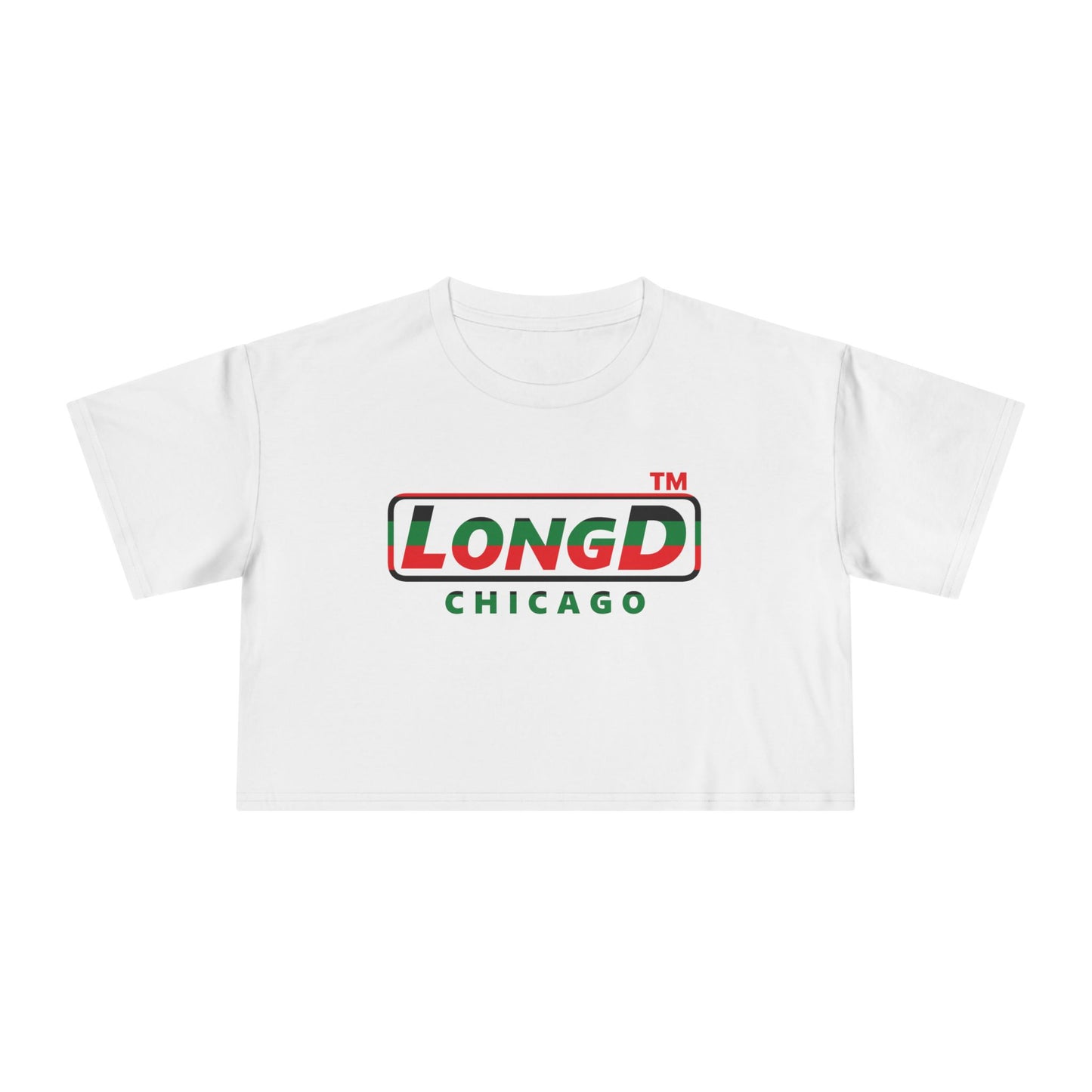 LongD positive horizontal 6-striped Chicago logo crop tee (Juneteenth colors)