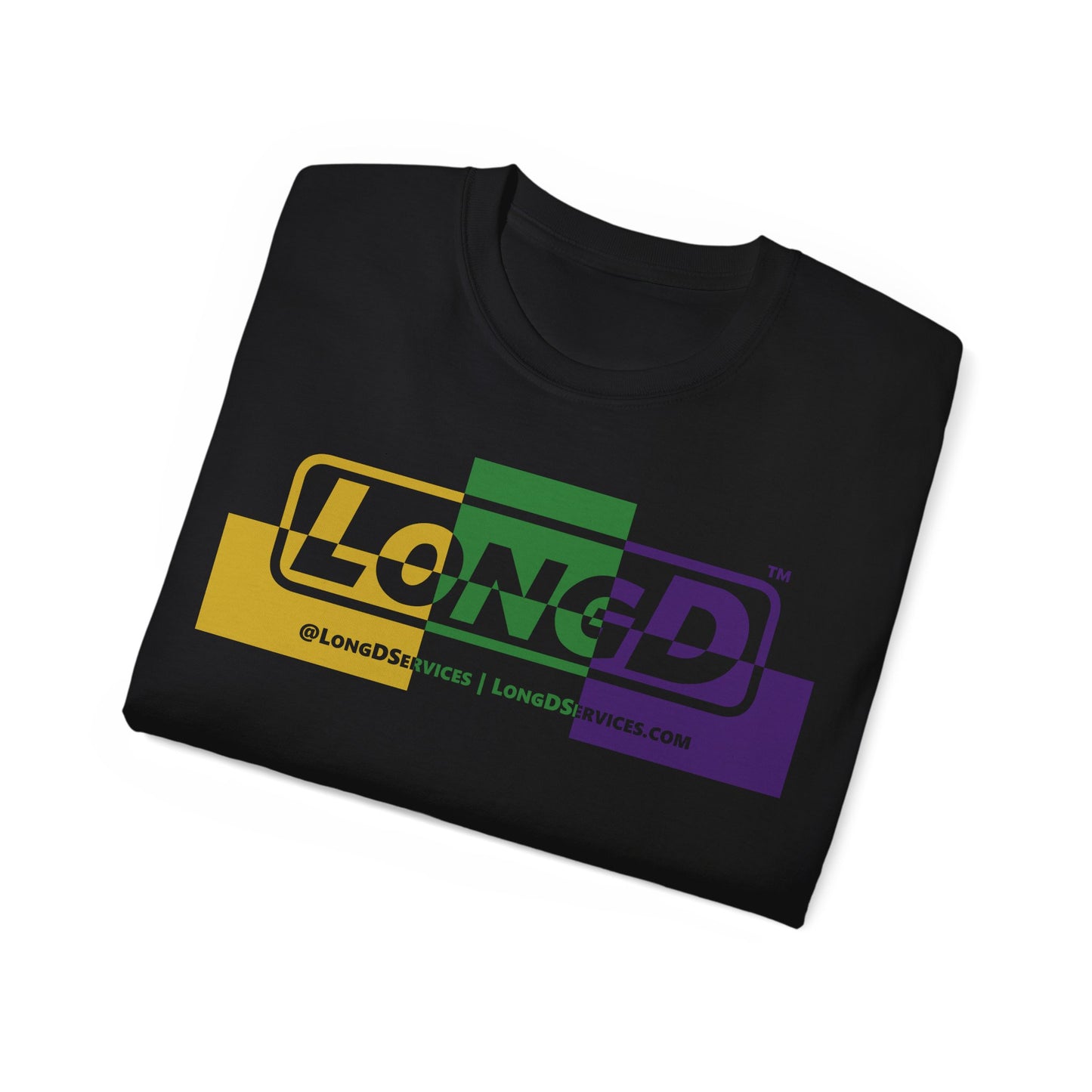 LongD® Logo Cotton Tee (verigated Mardi Gras colored text)