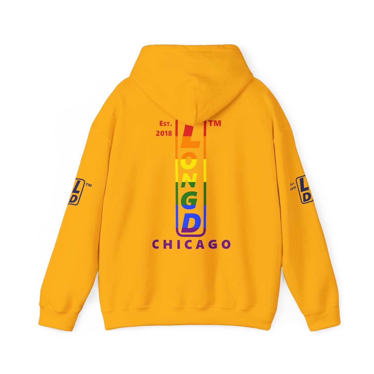 LongD® positive horizontal 6-striped Chicago 4-print upright logo hoodie (Pride colors)