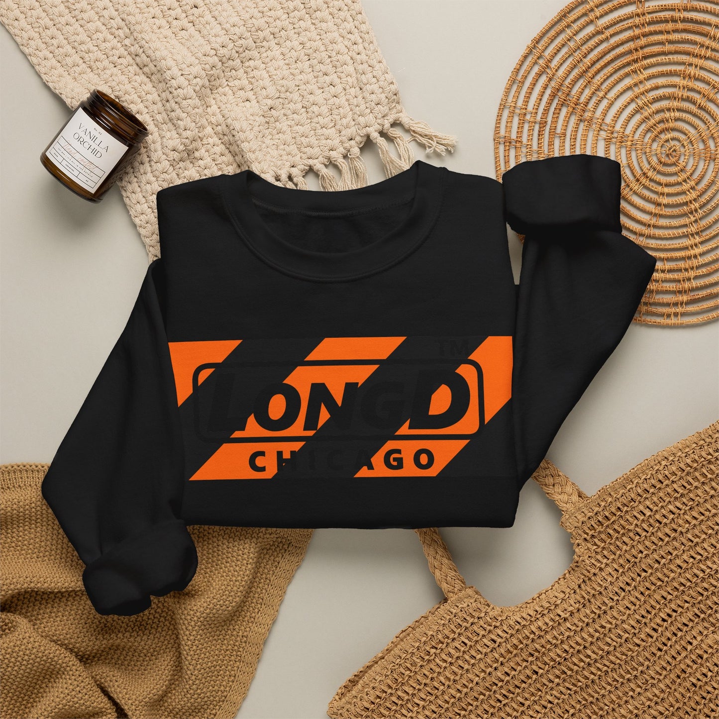 LongD Chicago negative diagonal 6-striped front-back logo (Halloween colors) crewneck sweatshirt