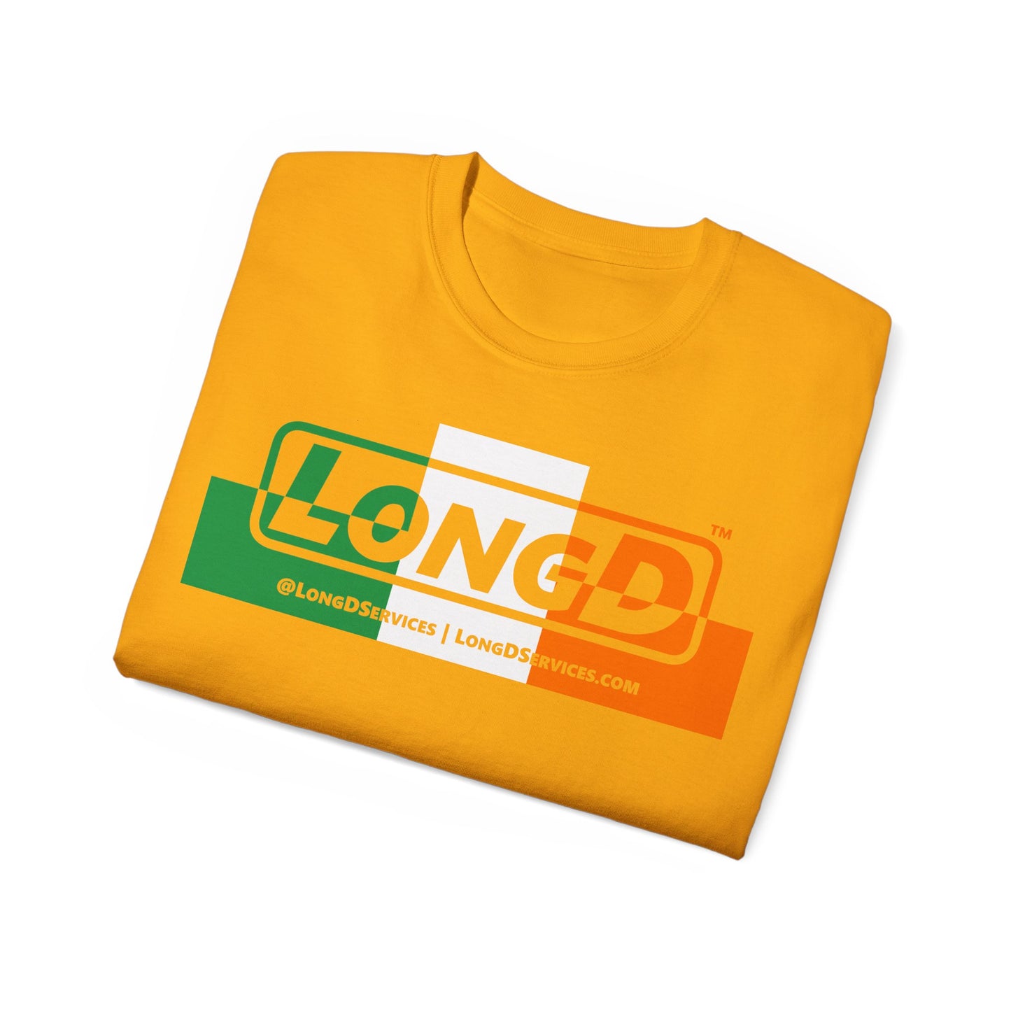 LongD® Logo Cotton Tee (St. Patrick's Day -Irish Green, White and Irish Orange thirds top-bottom outer positive-negative split)