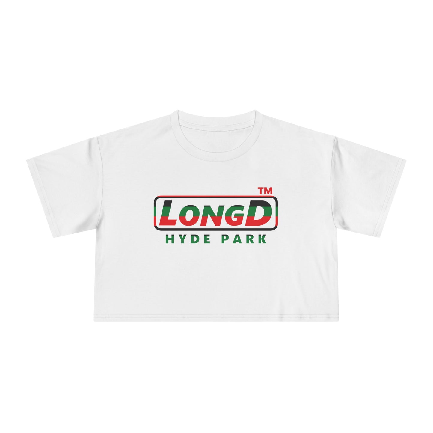 LongD positive horizontal 6-striped Hyde Park logo crop tee (Juneteenth colors)