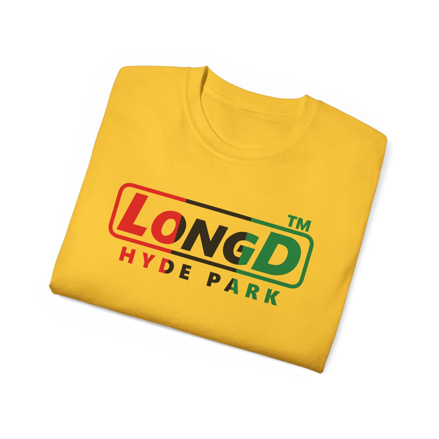 LongD positive vertical 3-striped Hyde Park logo cotton tee (Juneteenth colors)