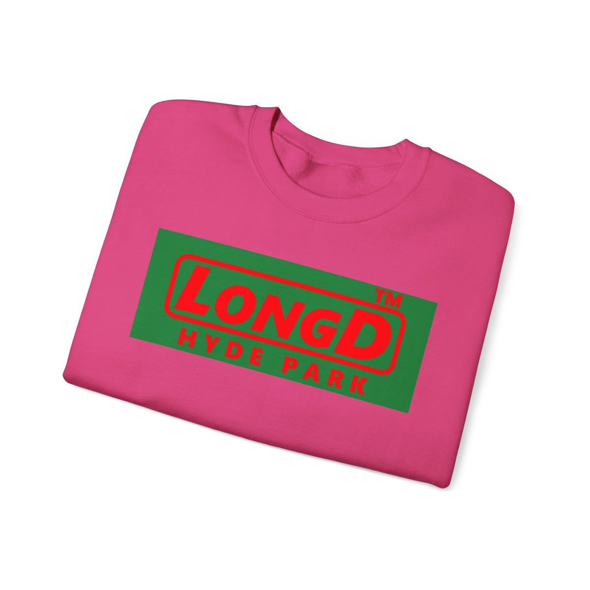 LongD Hyde Park logo positive red on negative green (Xmas colors) crewneck sweatshirt