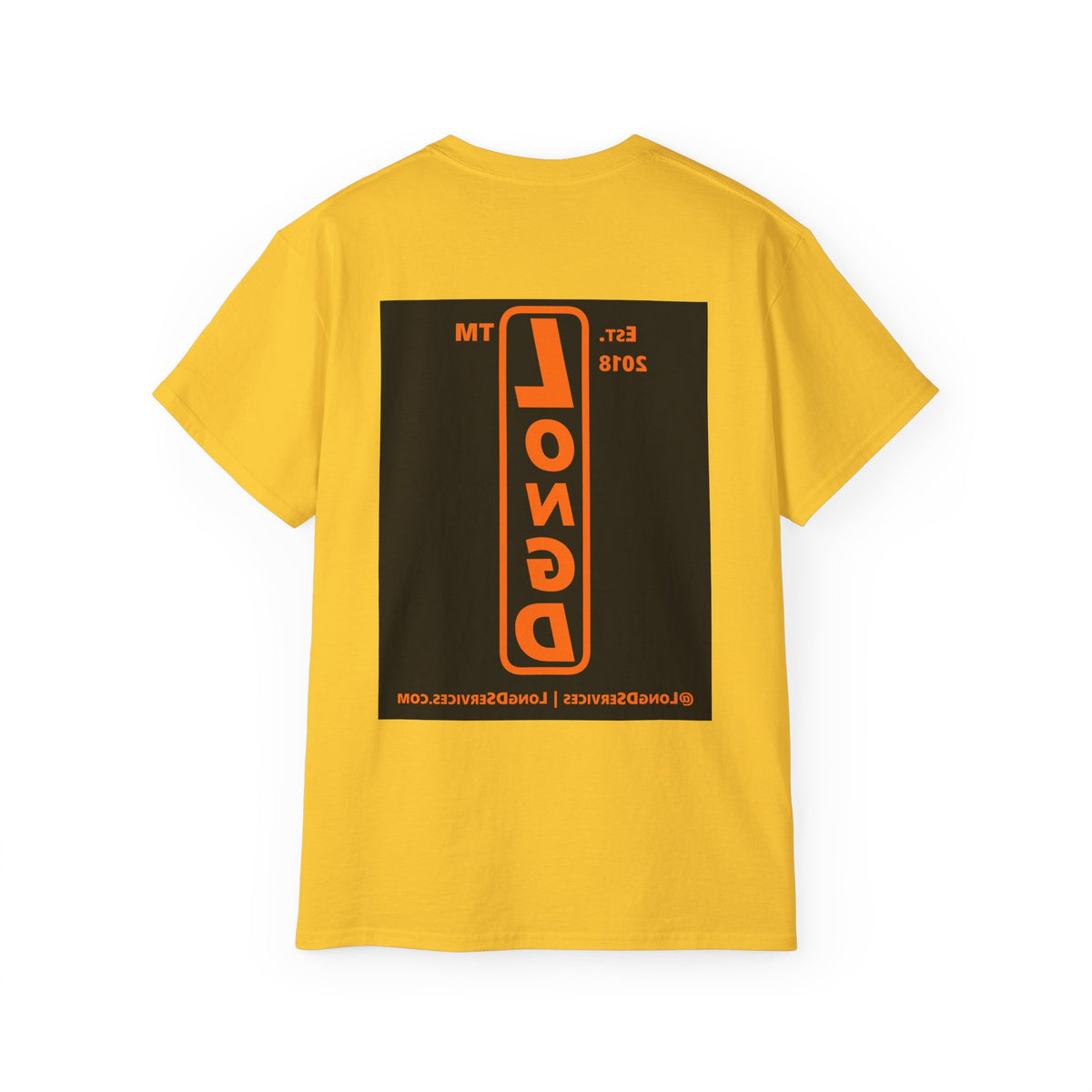 LongD Tag-domain upright front-back logo orange (FE7518) on Black (000000) cotton tee