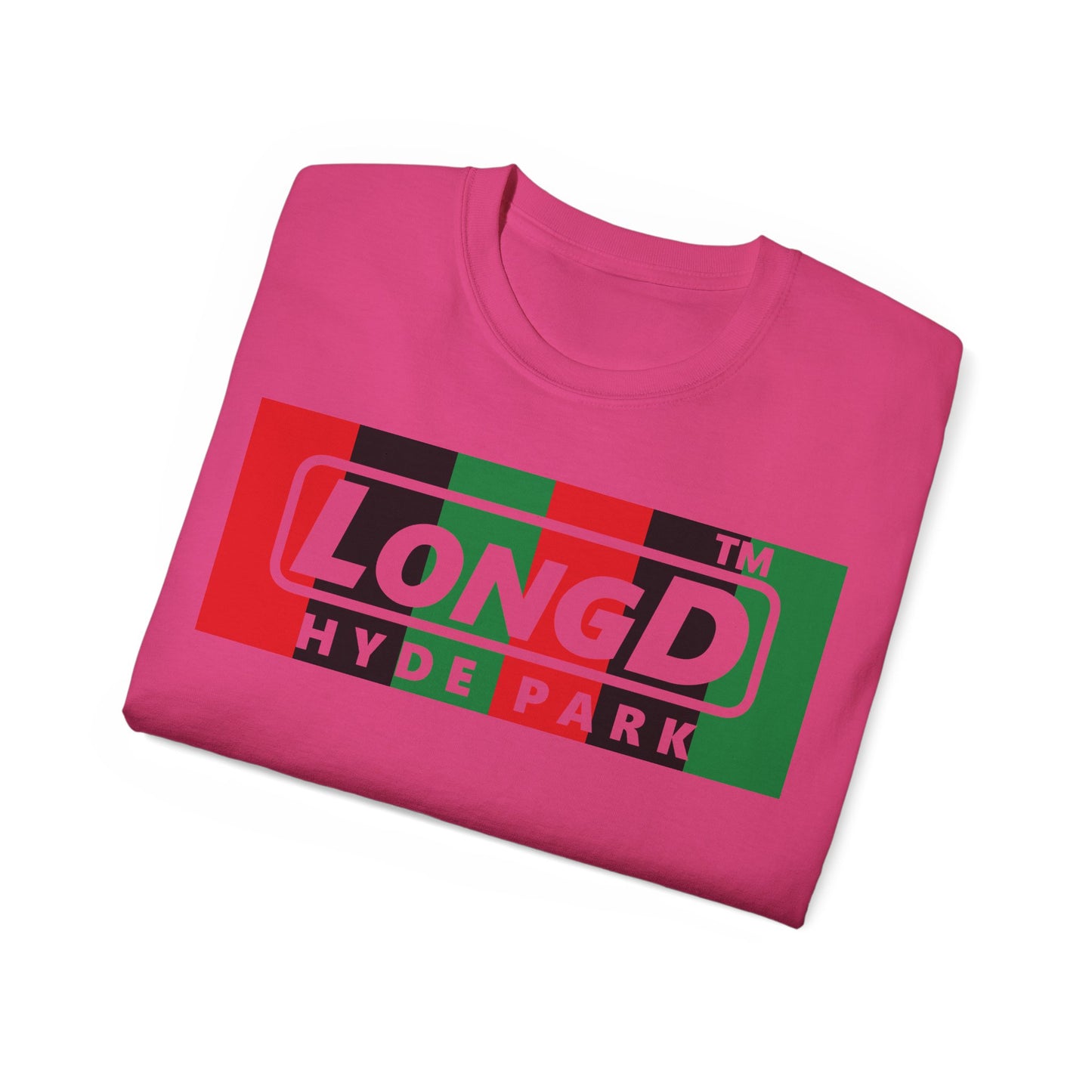 LongD negative vertical 6-striped Hyde Park logo front-back cotton tee (Juneteenth colors)