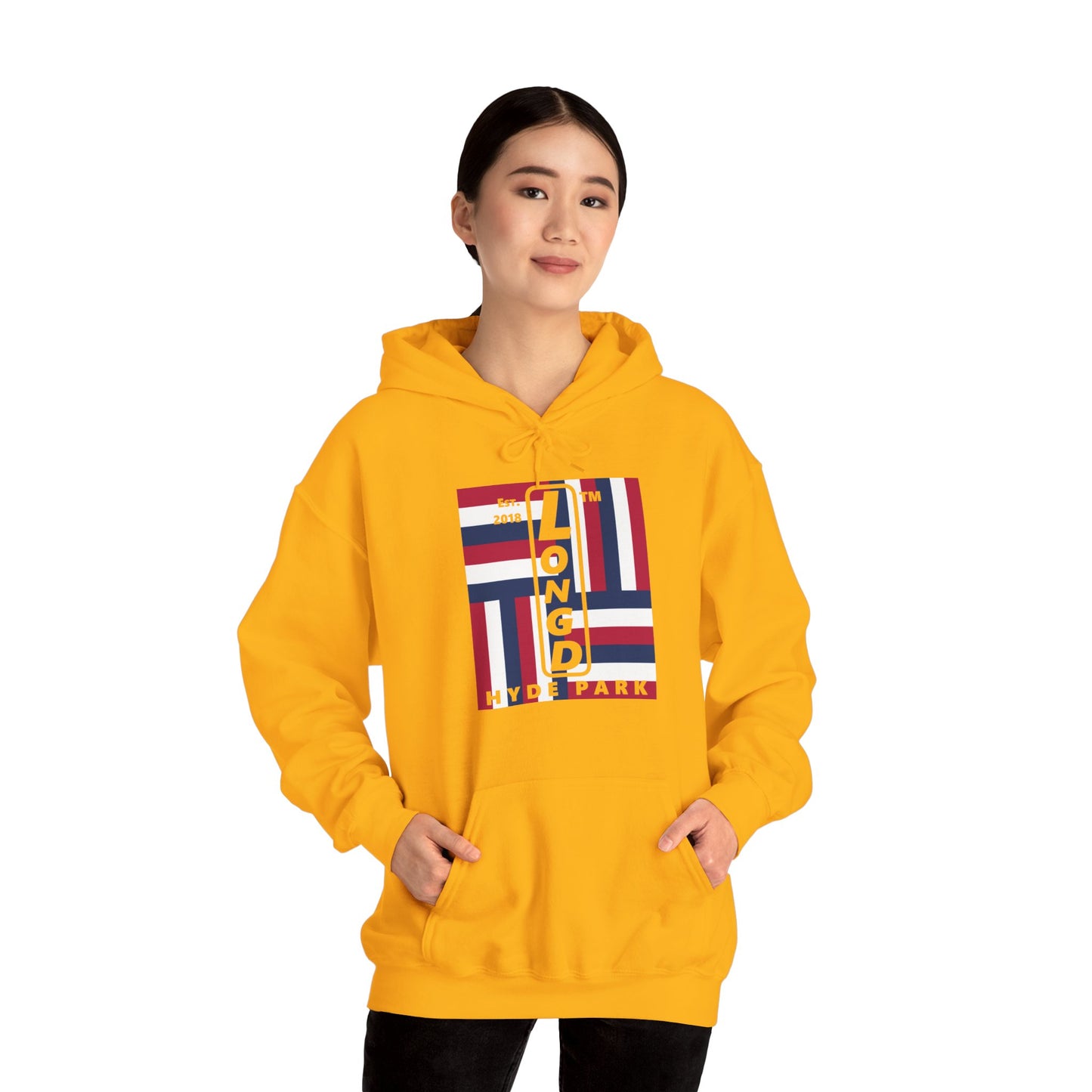LongD® negative windmill upright Hyde Park logo hoodie (Patriotic colors)