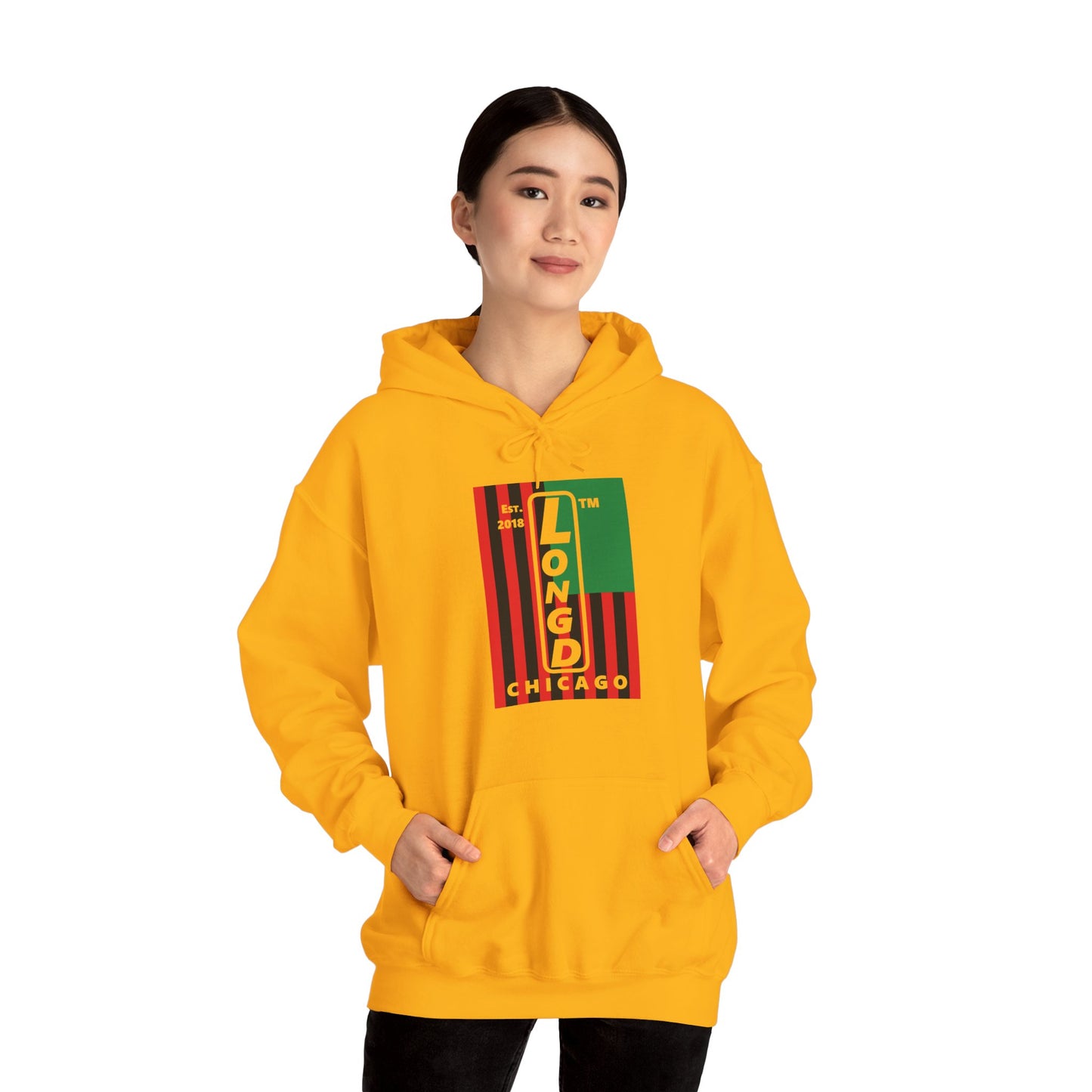 LongD® negative cropped flag upright Chicago logo hoodie (Juneteenth colors)