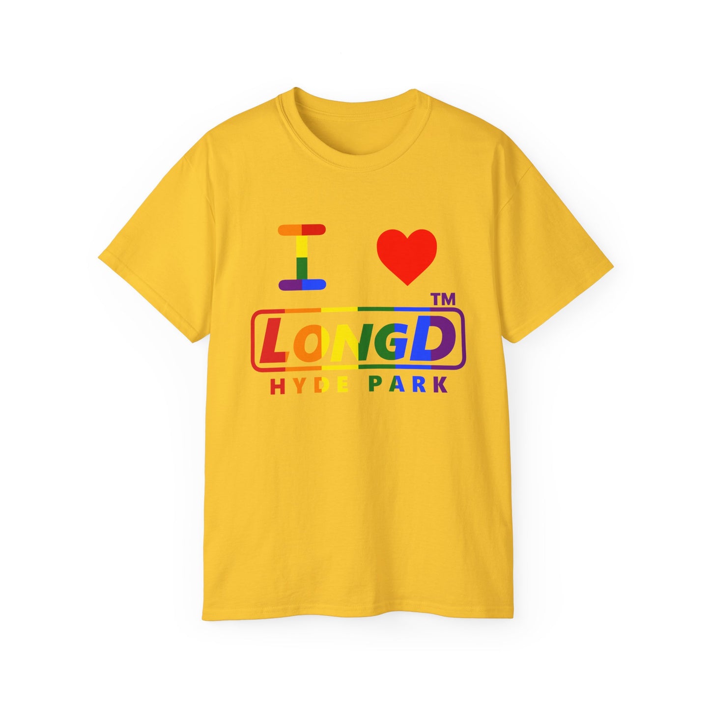 I Luv LongD positive vertical striped Hyde Park logo cotton tee (Pride colors)