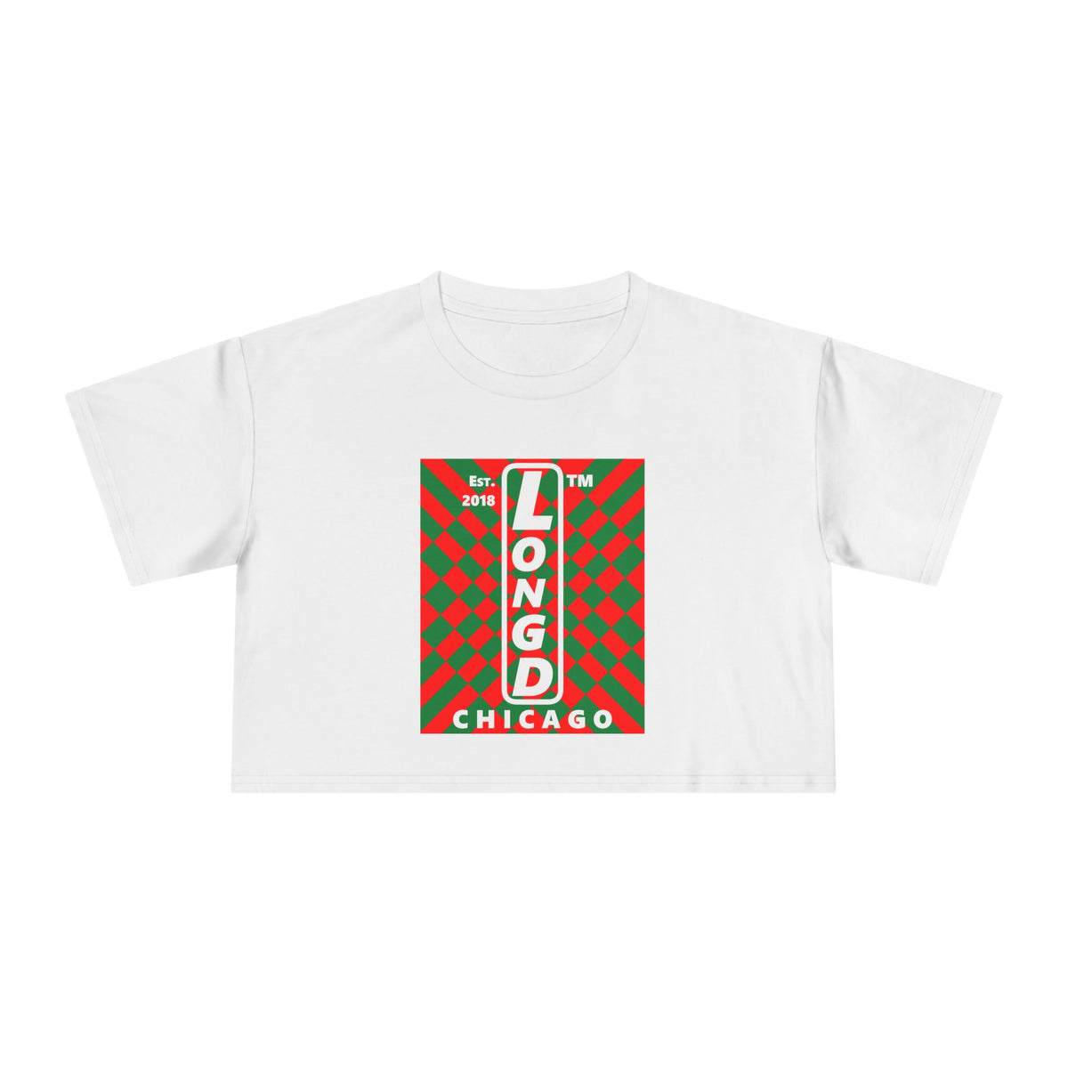 LongD Chicago negative upright stylized argyle logo (Xmas colors) crop tee