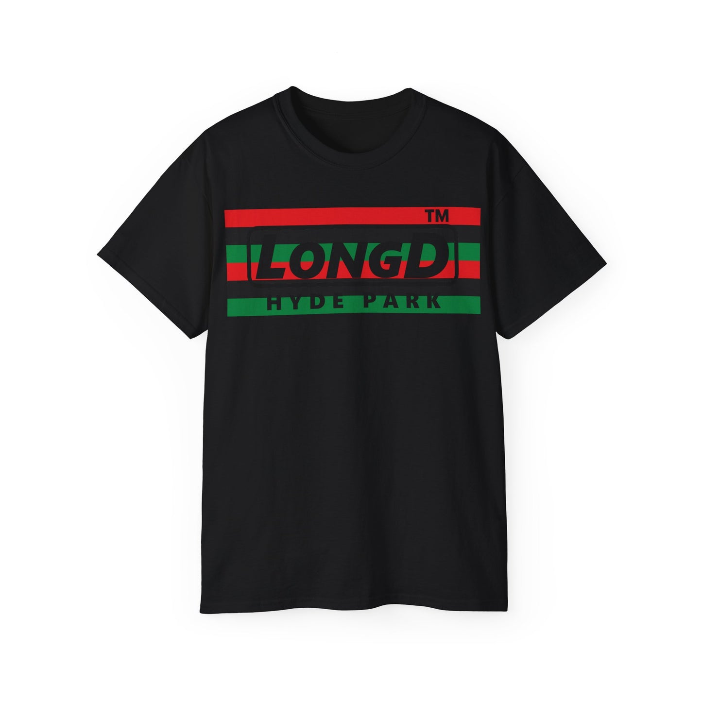 LongD negative horizontal 6-striped Hyde Park logo cotton tee (Juneteenth colors)