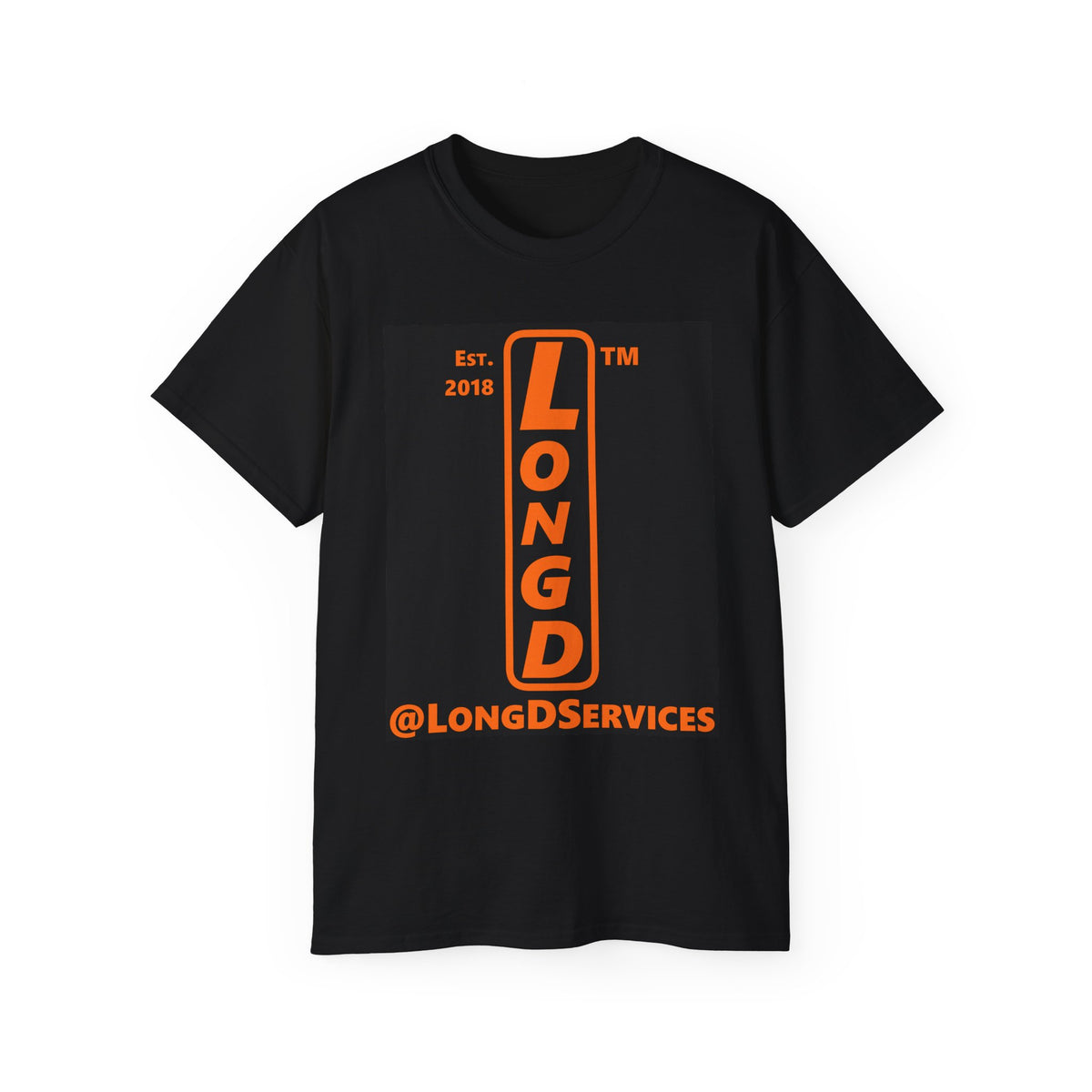 LongD Tag upright front-back logo orange (FE7518) on Black (000000) cotton tee