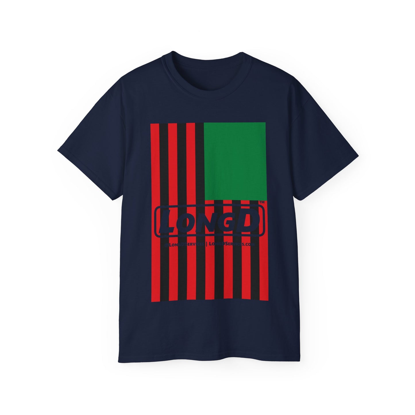 LongD® Logo Cotton Tee Juneteenth cropped vertical African-American flag negative text