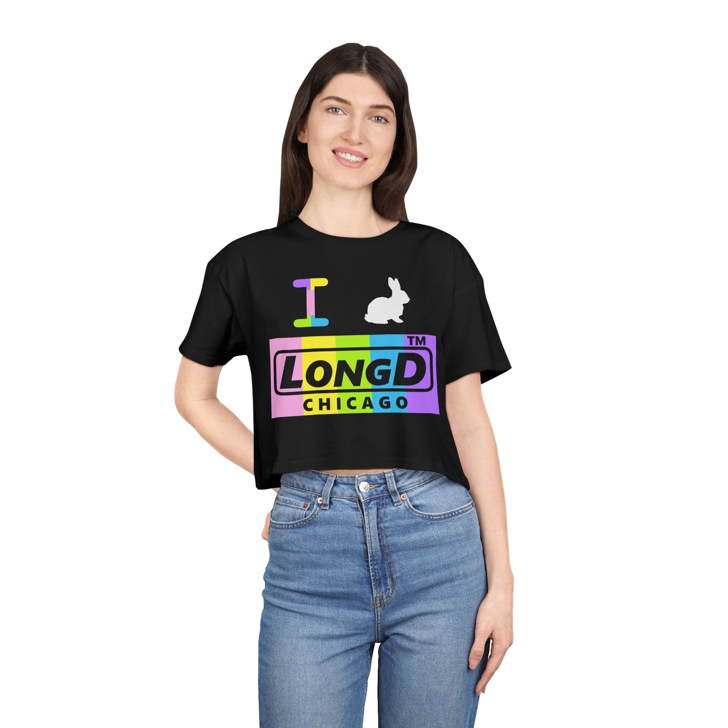 I Bunny LongD negative vertical striped Chicago Logo Crop Tee