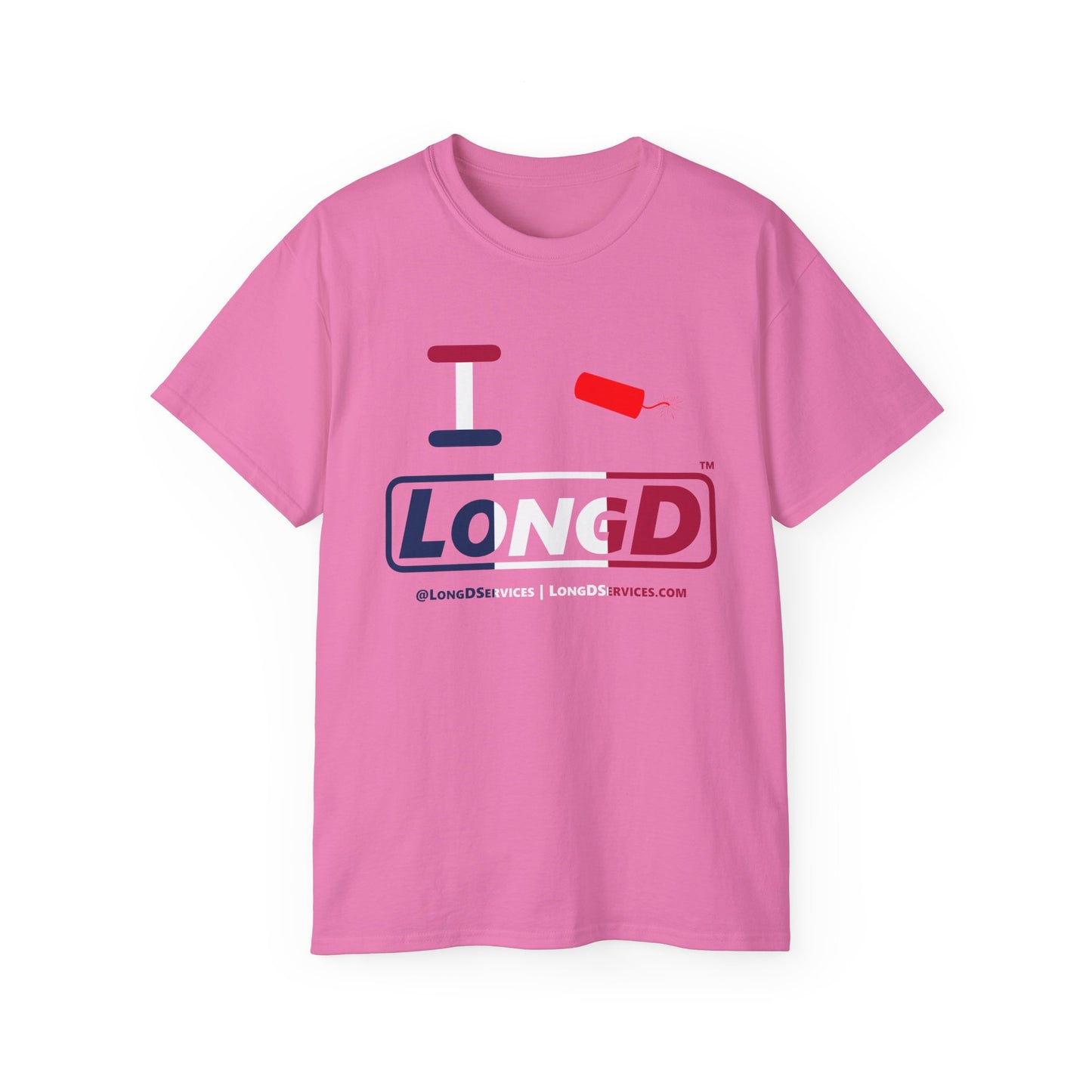 I Firecracker LongD® Logo Cotton Tee Blue, White and Red positive thirds text