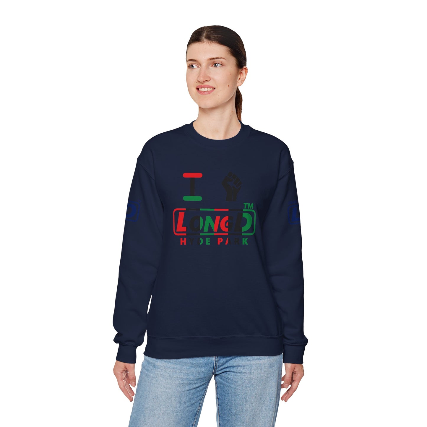 I fist LongD positive vertical 6-striped 4-print Hyde Park logo crewneck sweatshirt