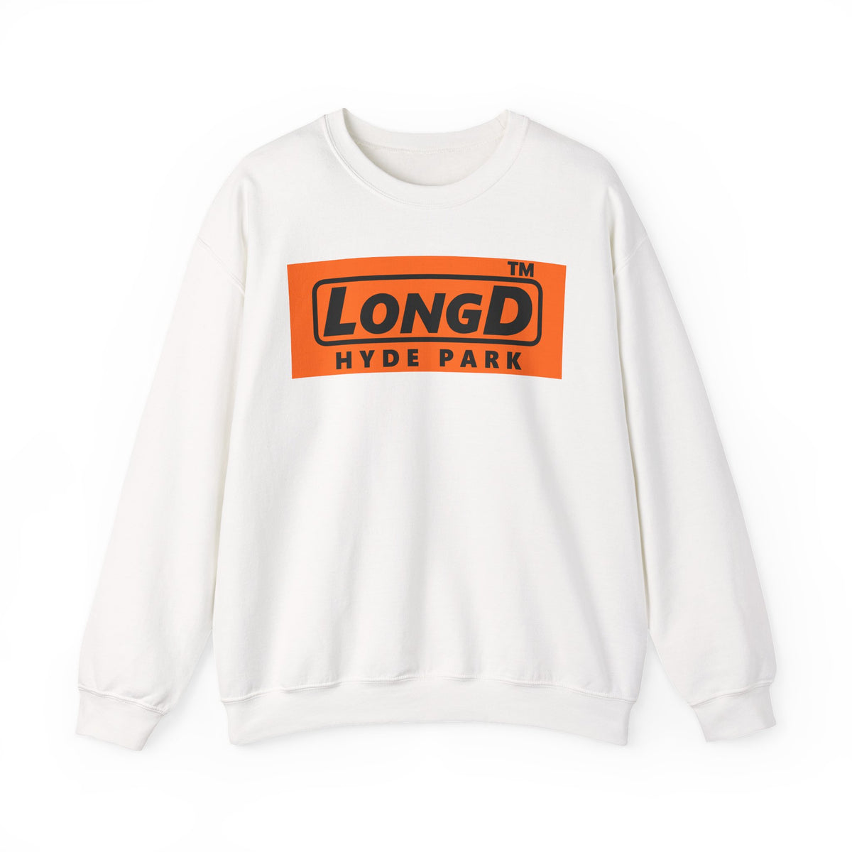 LongD Hyde Park logo Black (000000) on orange (FE7518) (Halloween colors) crewneck sweatshirt