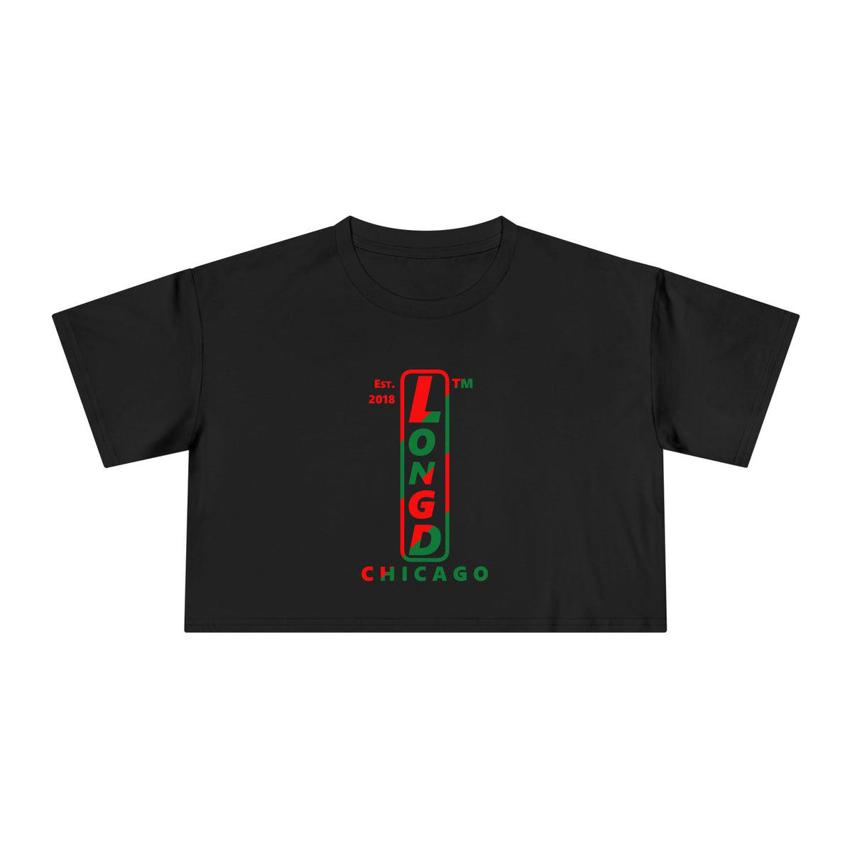 LongD Chicago positive upright pixel-weighted 4-striped logo (Xmas colors) crop tee