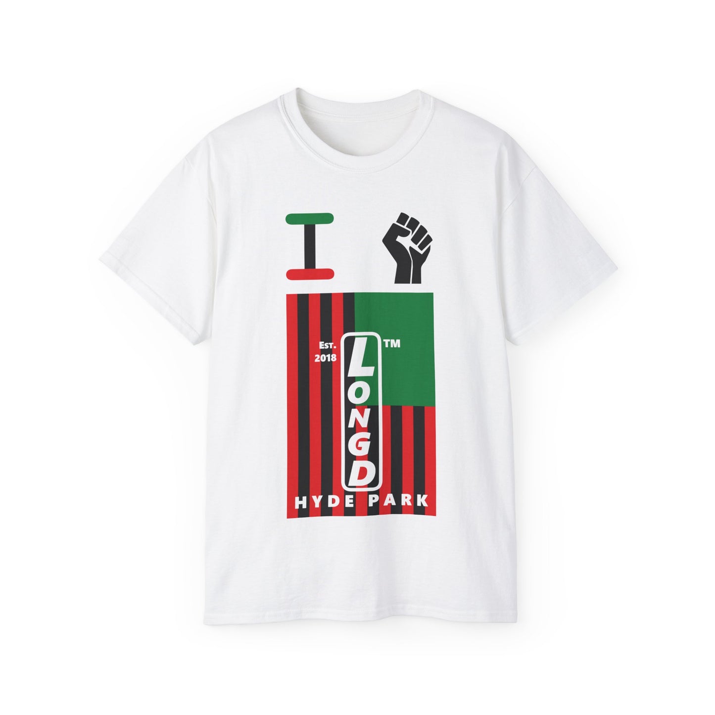 I fist LongD Cotton Tee negative flag Hyde Park upright logo (Juneteenth colors)