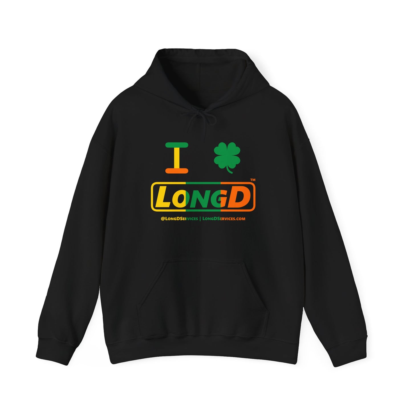 I Clover LongD® Logo Hoodie (St. Patrick's Day Irish Green-Irish Orange-Golden Yellow text)