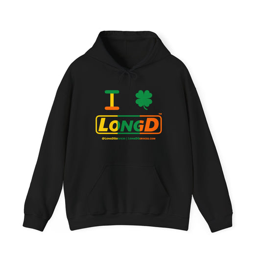 I Clover LongD® Logo Hoodie (St. Patrick's Day Irish Green-Irish Orange-Golden Yellow text)