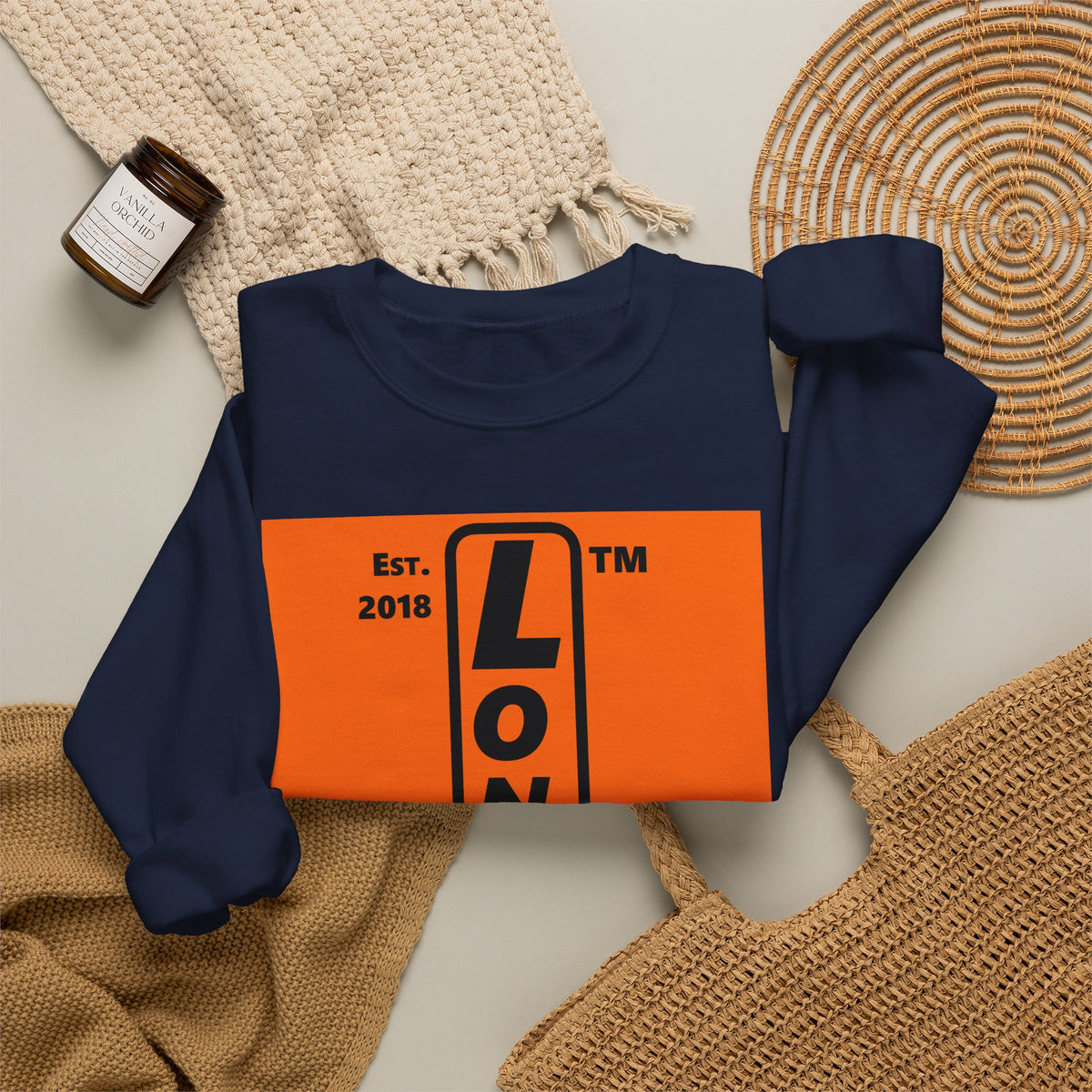 LongD Hyde Park upright logo Black (000000) on orange (FE7518) (Halloween colors) crewneck sweatshirt