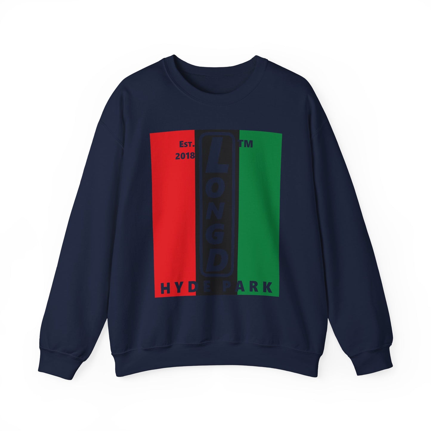 LongD negative vertical 3-striped Hyde Park upright logo crewneck sweatshirt (Juneteenth colors)