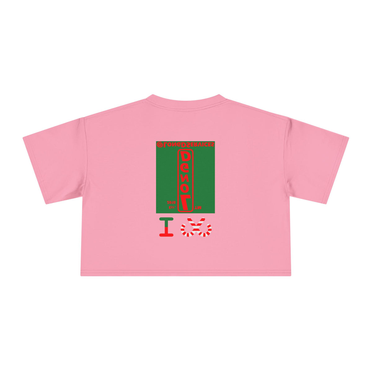 I candy cane LongD Tag upright front-back logo positive red on negative green crop tee