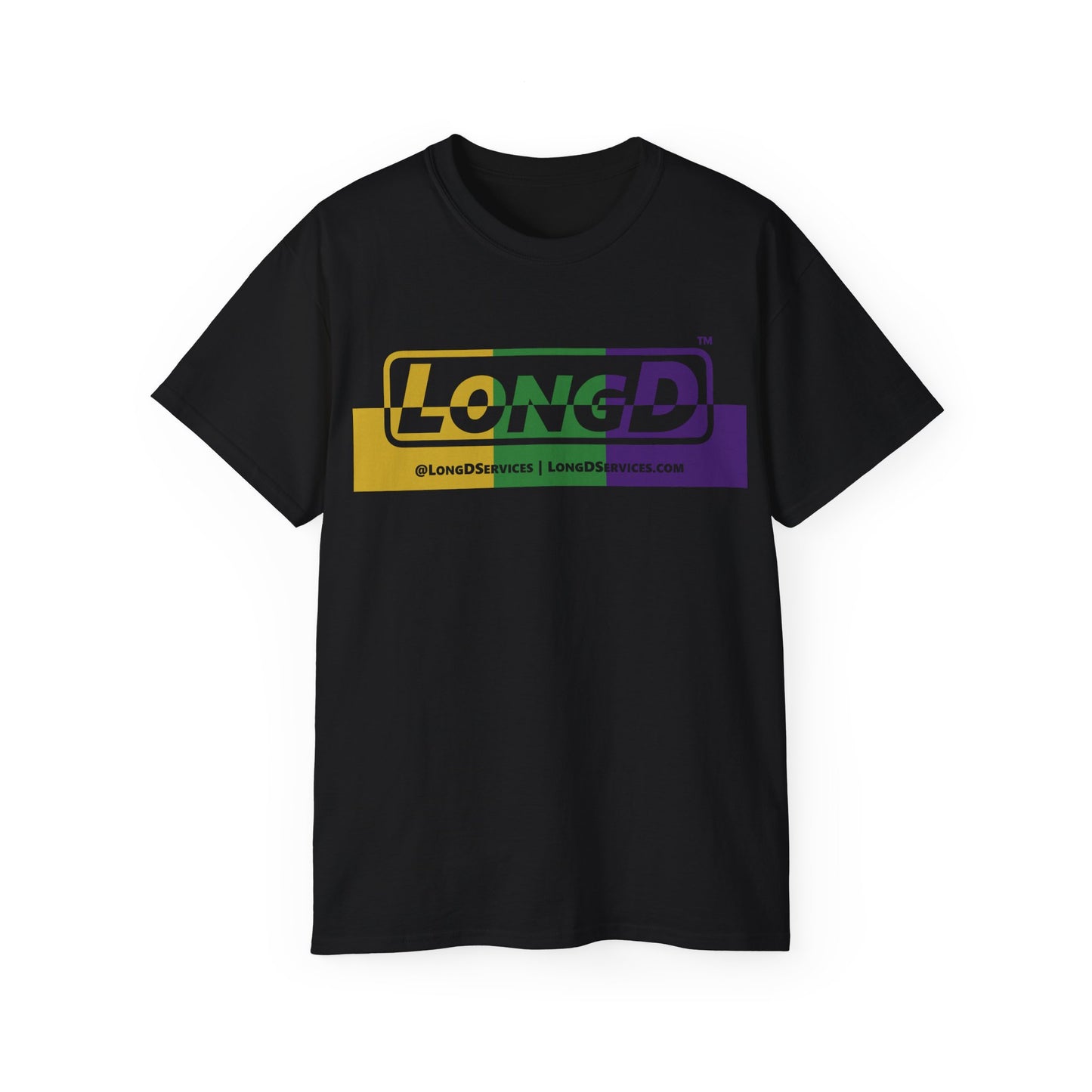 LongD® Logo Cotton Tee (positive top and negative bottom Mardi Gras colored text)