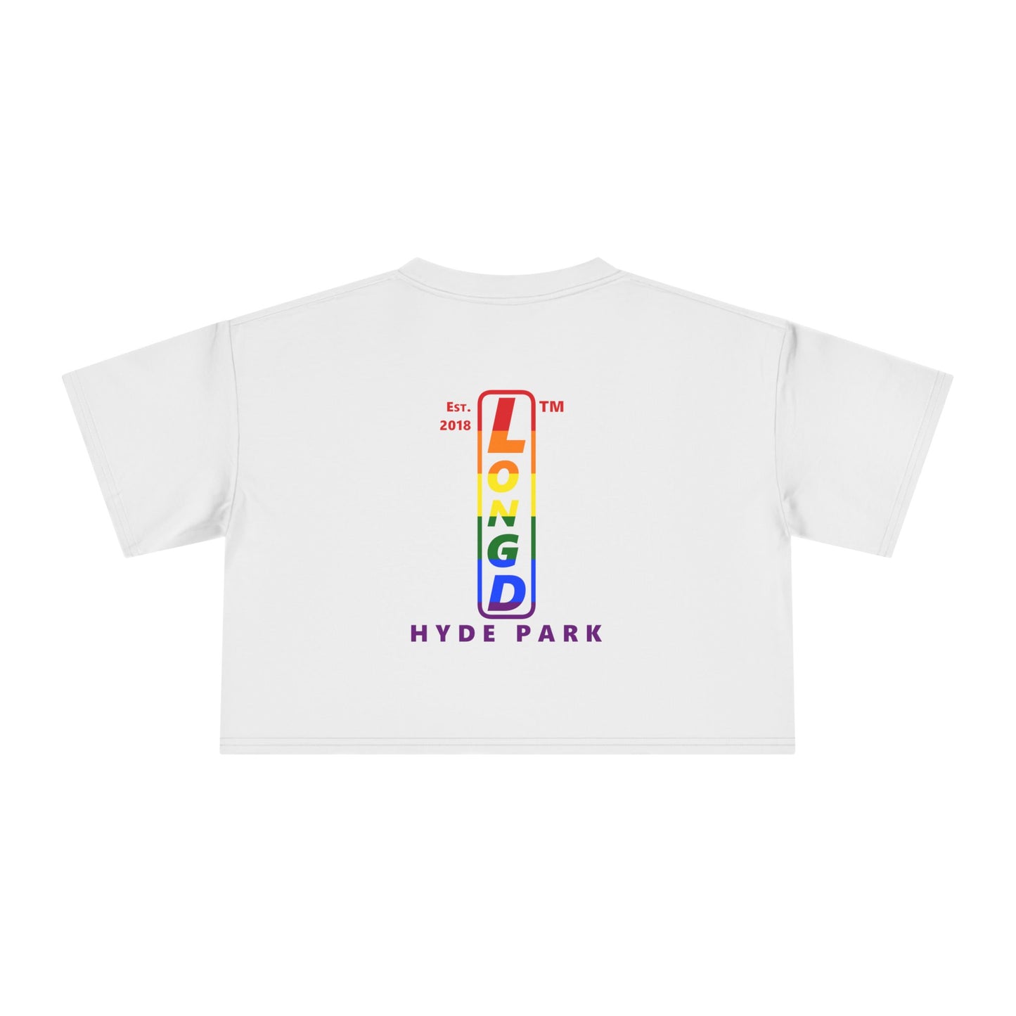 Mixed horizontal 6-striped upright front-back Hyde Park logo crop tee (Pride colors)